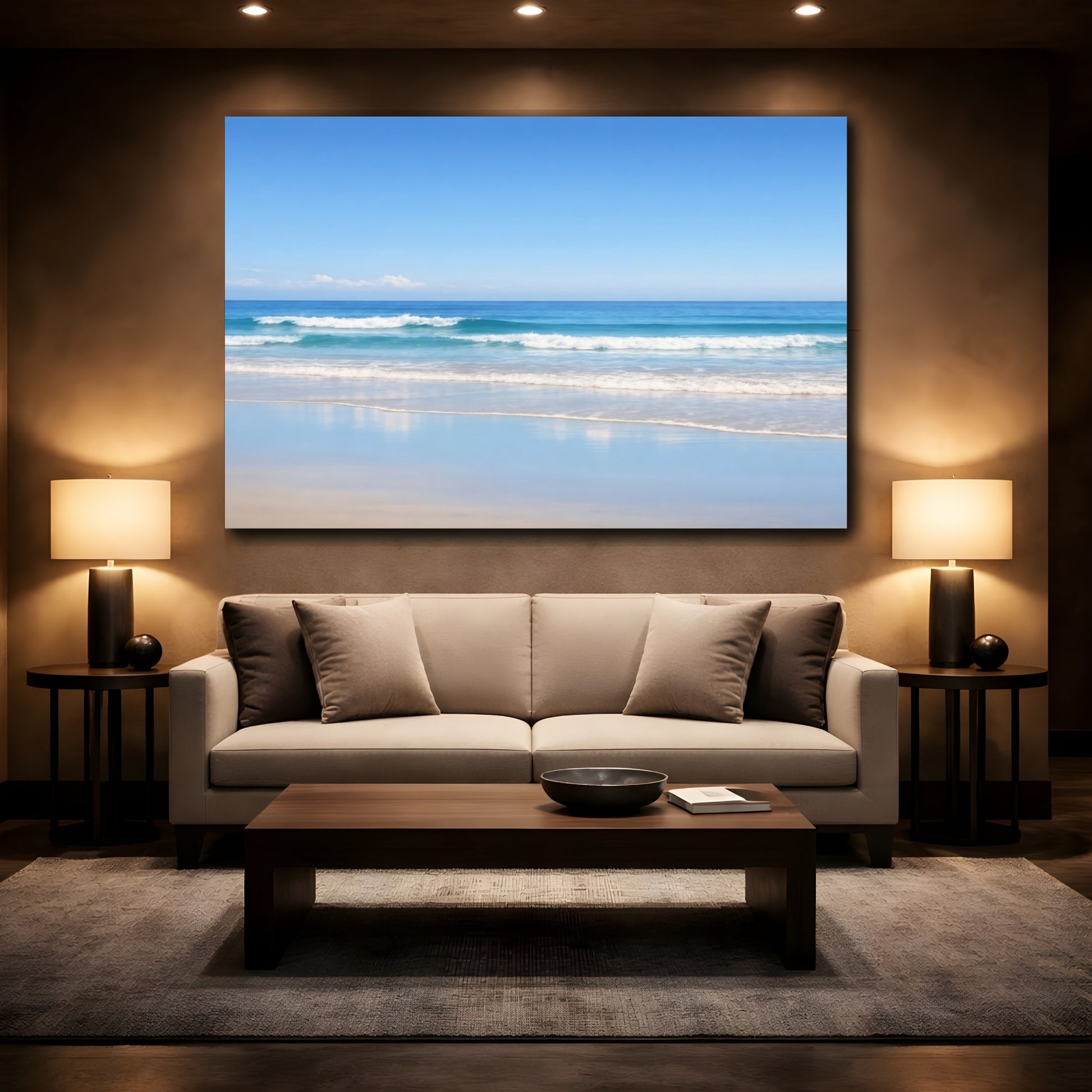 Mockup 2. Nature Ocean Waves Blue Ocean shown as stretched canvas wall art