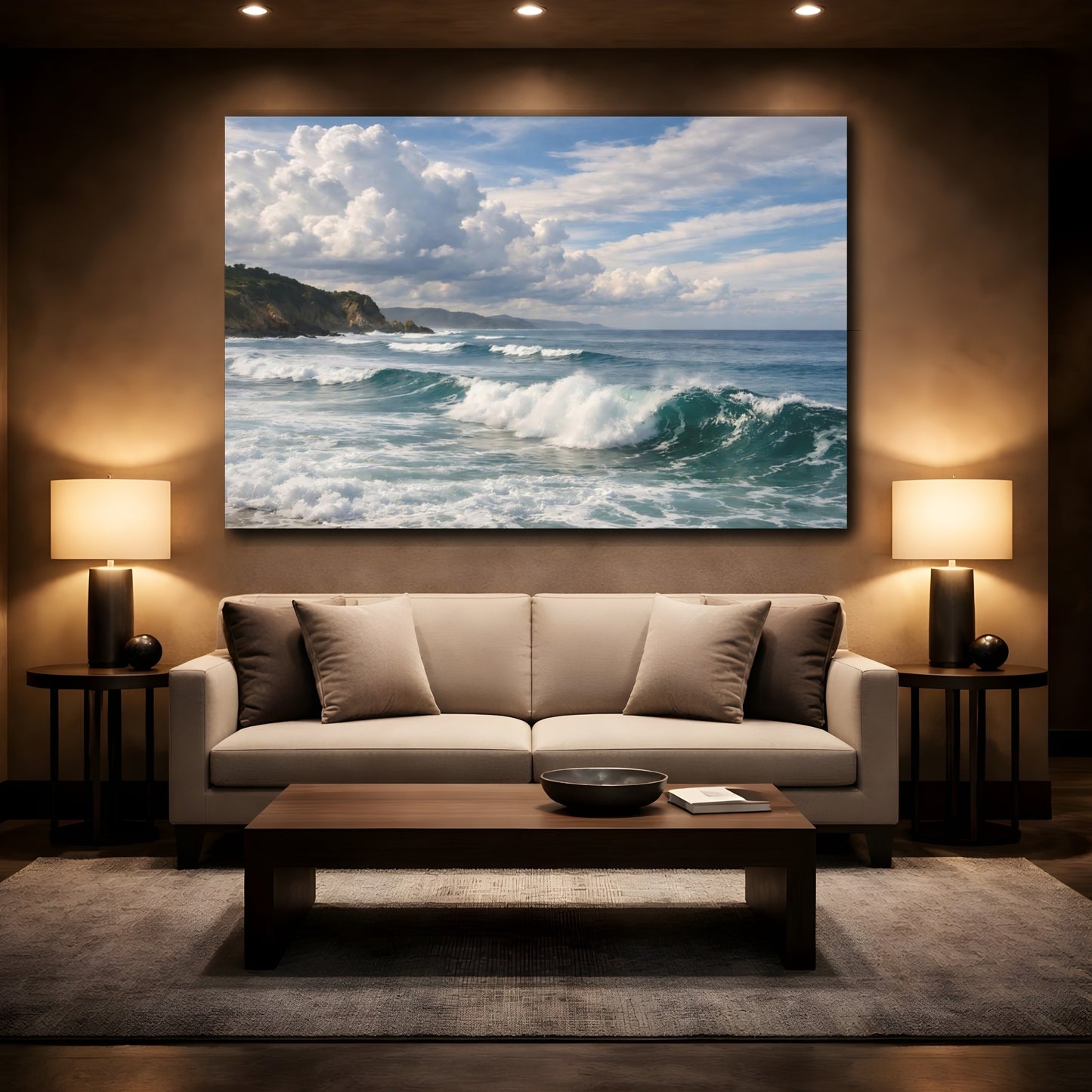Mockup 2. Nature Ocean Waves Blue Ocean shown as stretched canvas wall art