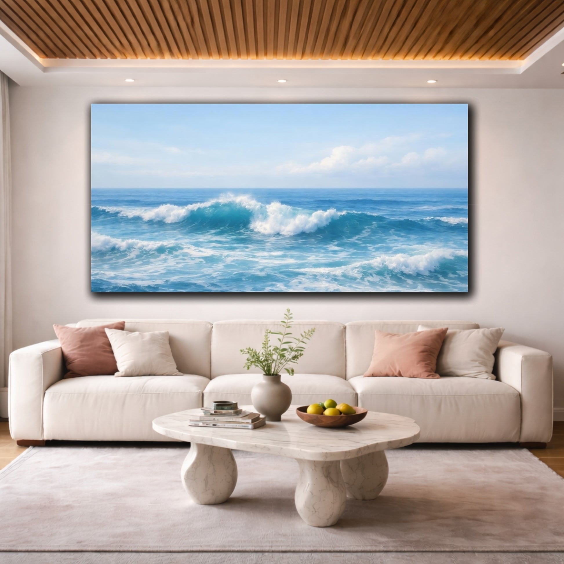 Mockup 3. Nature Ocean Waves Blue Ocean shown as stretched canvas wall art