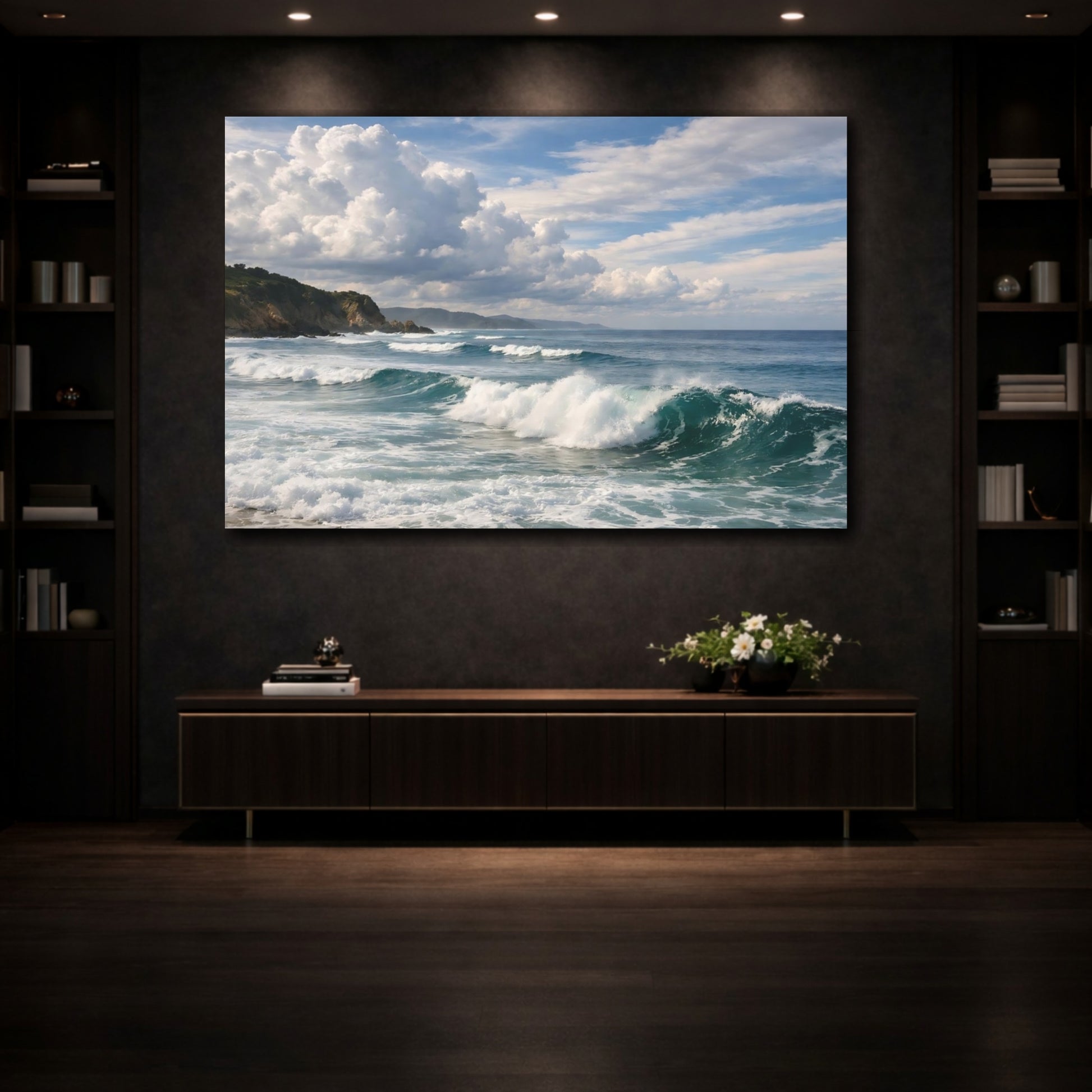 Mockup 3. Nature Ocean Waves Blue Ocean shown as stretched canvas wall art