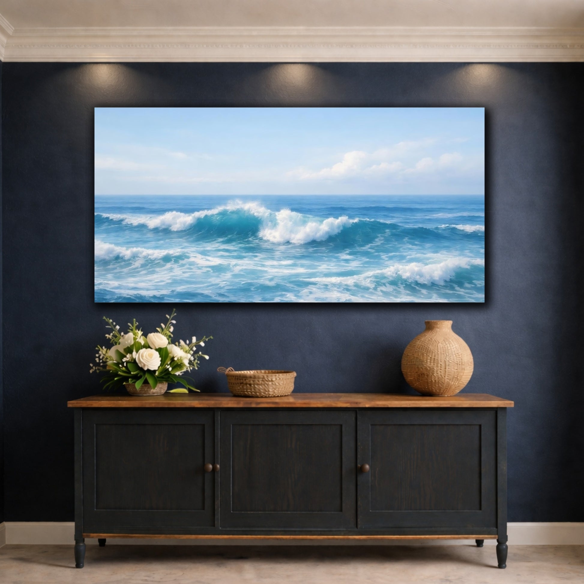 Mockup 4. Nature Ocean Waves Blue Ocean shown as stretched canvas wall art