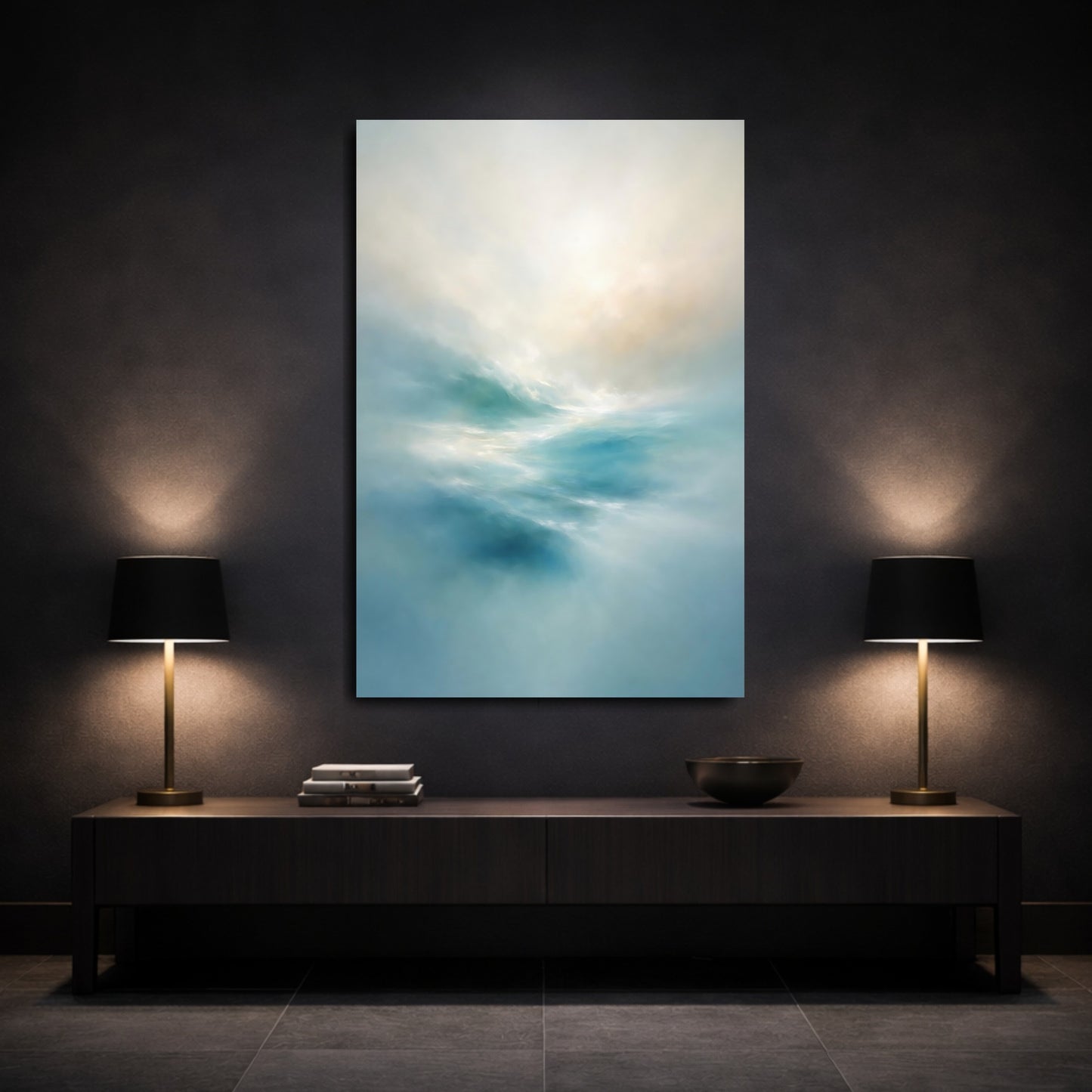 Mockup 2. Nature Ocean Waves Blue Ocean Waves shown as stretched canvas wall art