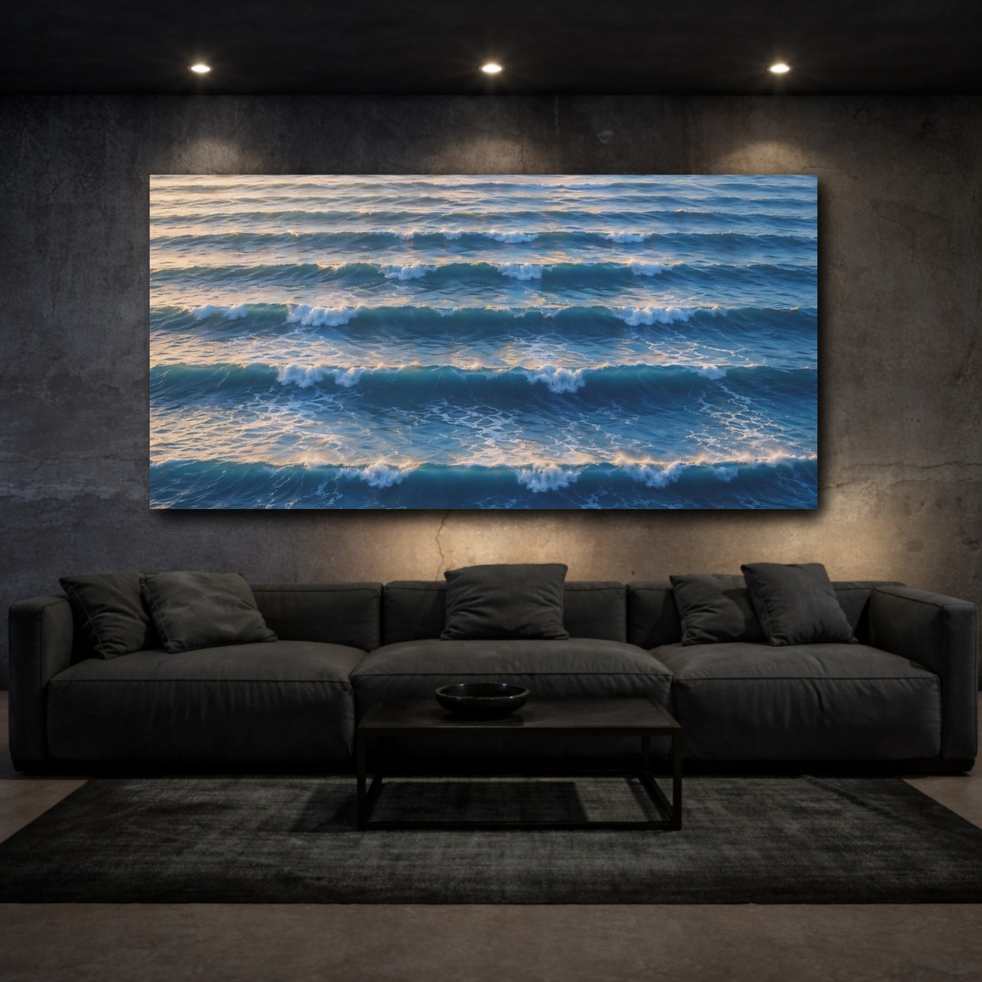 Mockup 2. Nature Ocean Waves Blue Ocean Waves shown as stretched canvas wall art