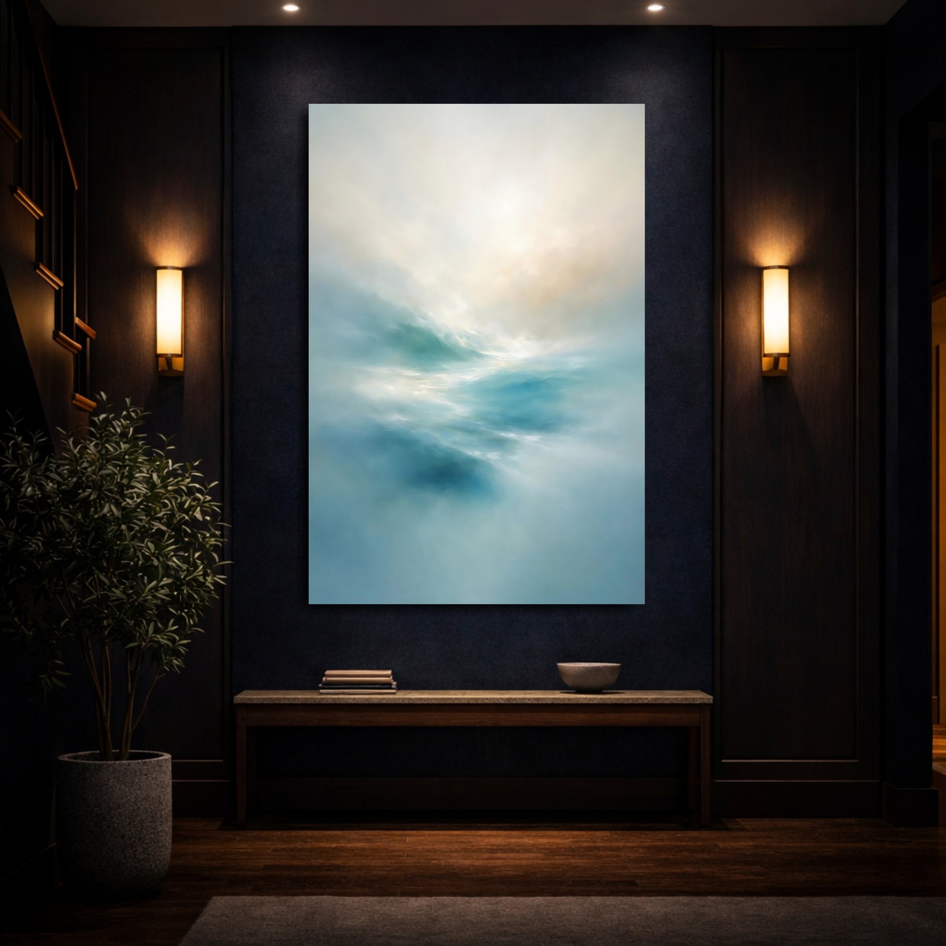 Mockup 3. Nature Ocean Waves Blue Ocean Waves shown as stretched canvas wall art