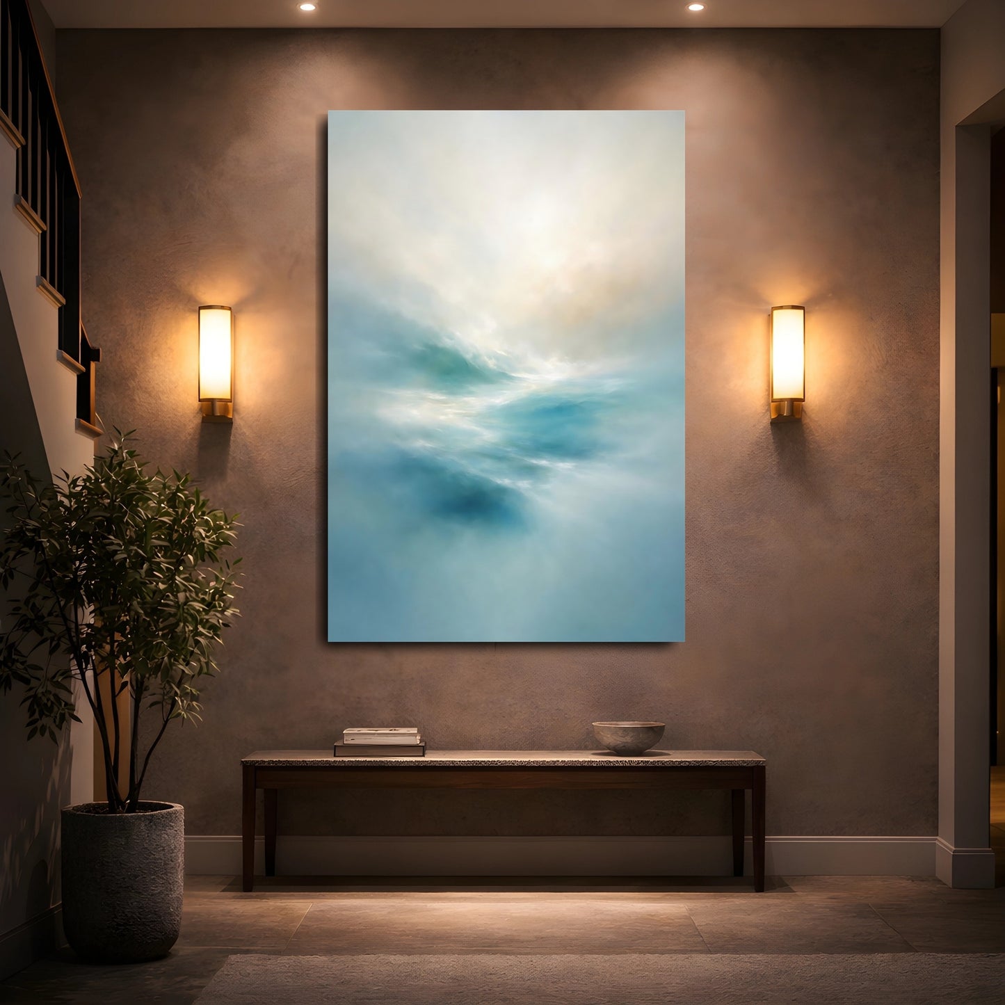 Mockup 4. Nature Ocean Waves Blue Ocean Waves shown as stretched canvas wall art