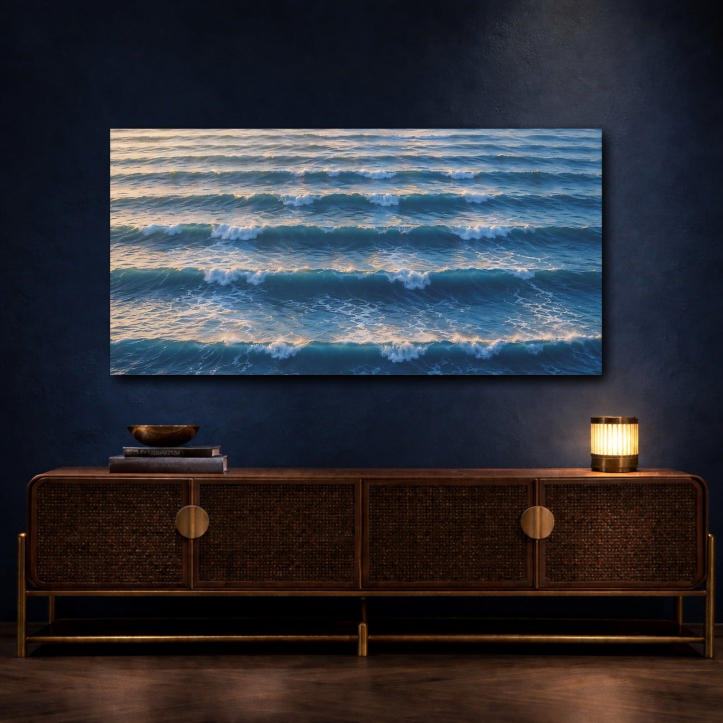 Mockup 4. Nature Ocean Waves Blue Ocean Waves shown as stretched canvas wall art
