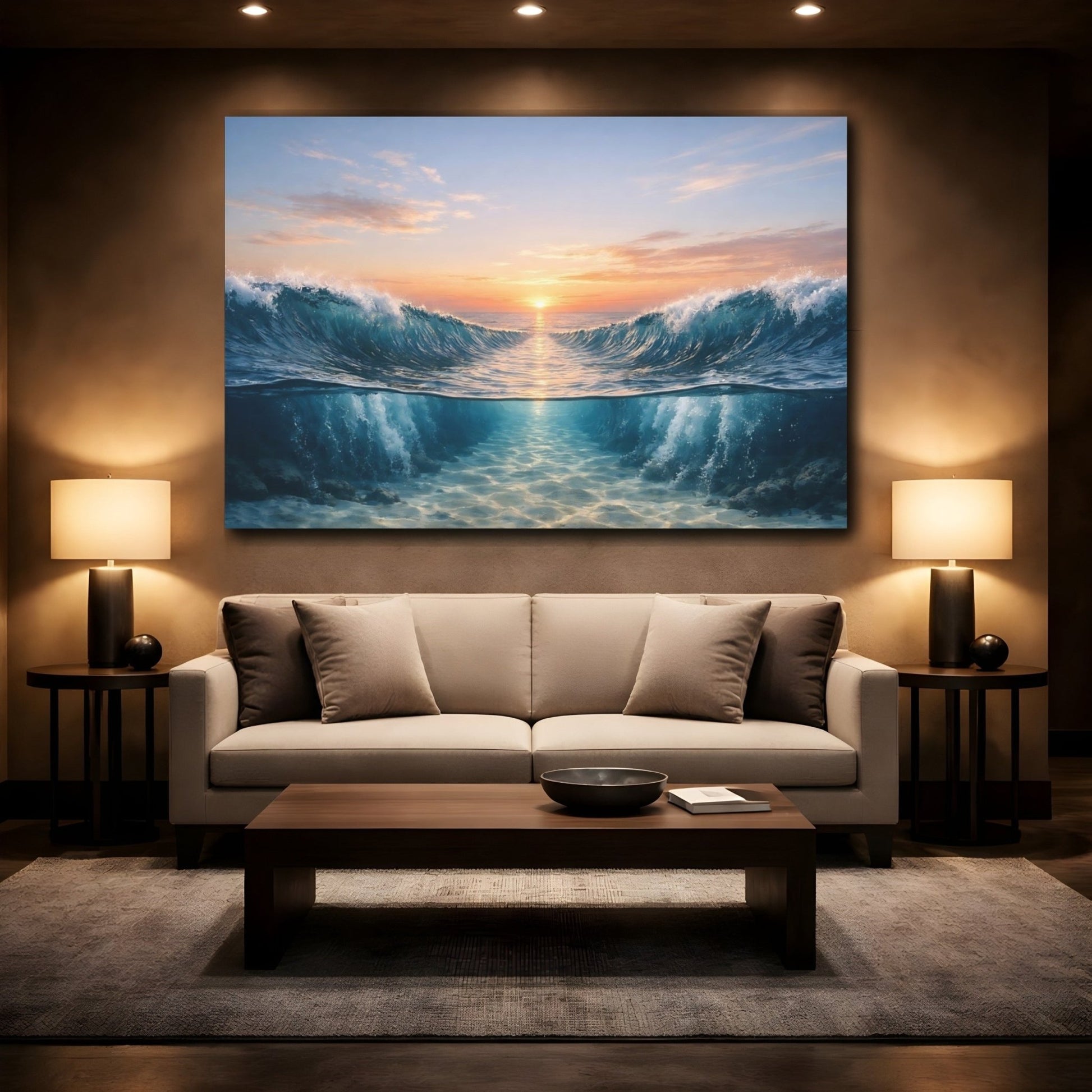 Nature Ocean Waves Blue Orange - Canvas Wall Art Print - YesArtYes