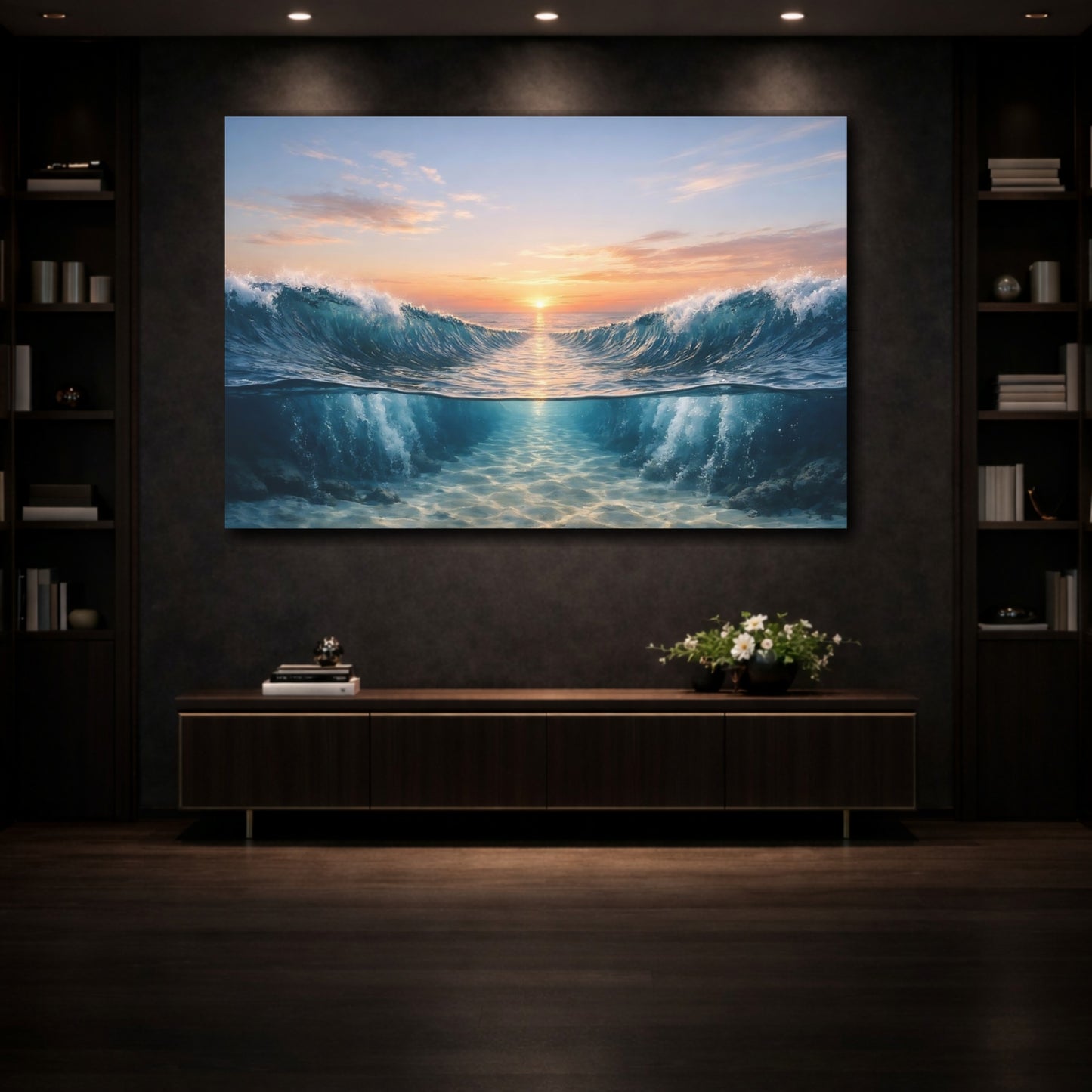 Mockup 3. Nature Ocean Waves Blue Orange Ocean shown as stretched canvas wall art