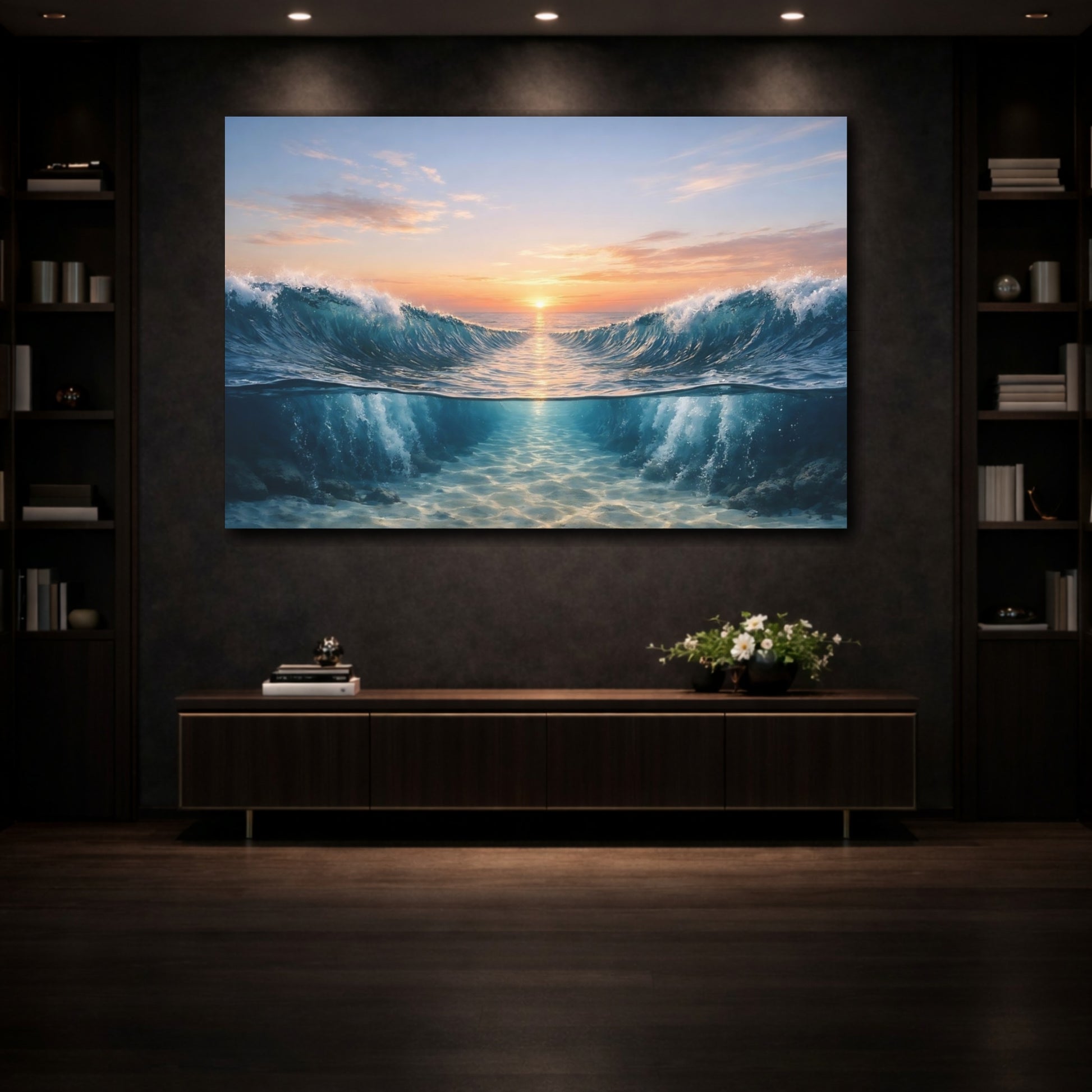 Mockup 3. Nature Ocean Waves Blue Orange Ocean shown as stretched canvas wall art
