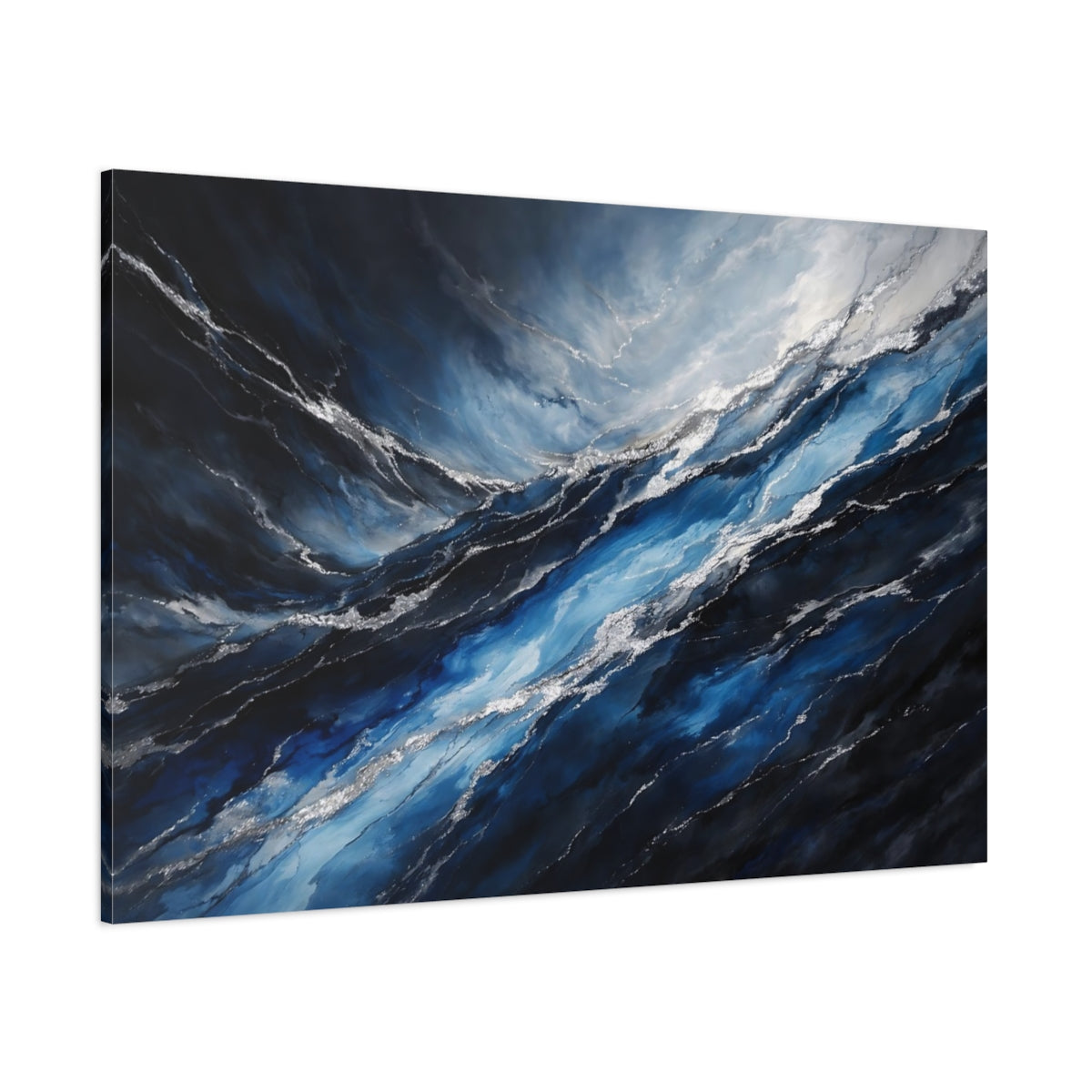 Main Mockup. Nature Ocean Waves Blue Silver Waves shown as stretched canvas wall art