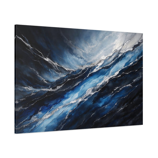 Main Mockup. Nature Ocean Waves Blue Silver Waves shown as stretched canvas wall art