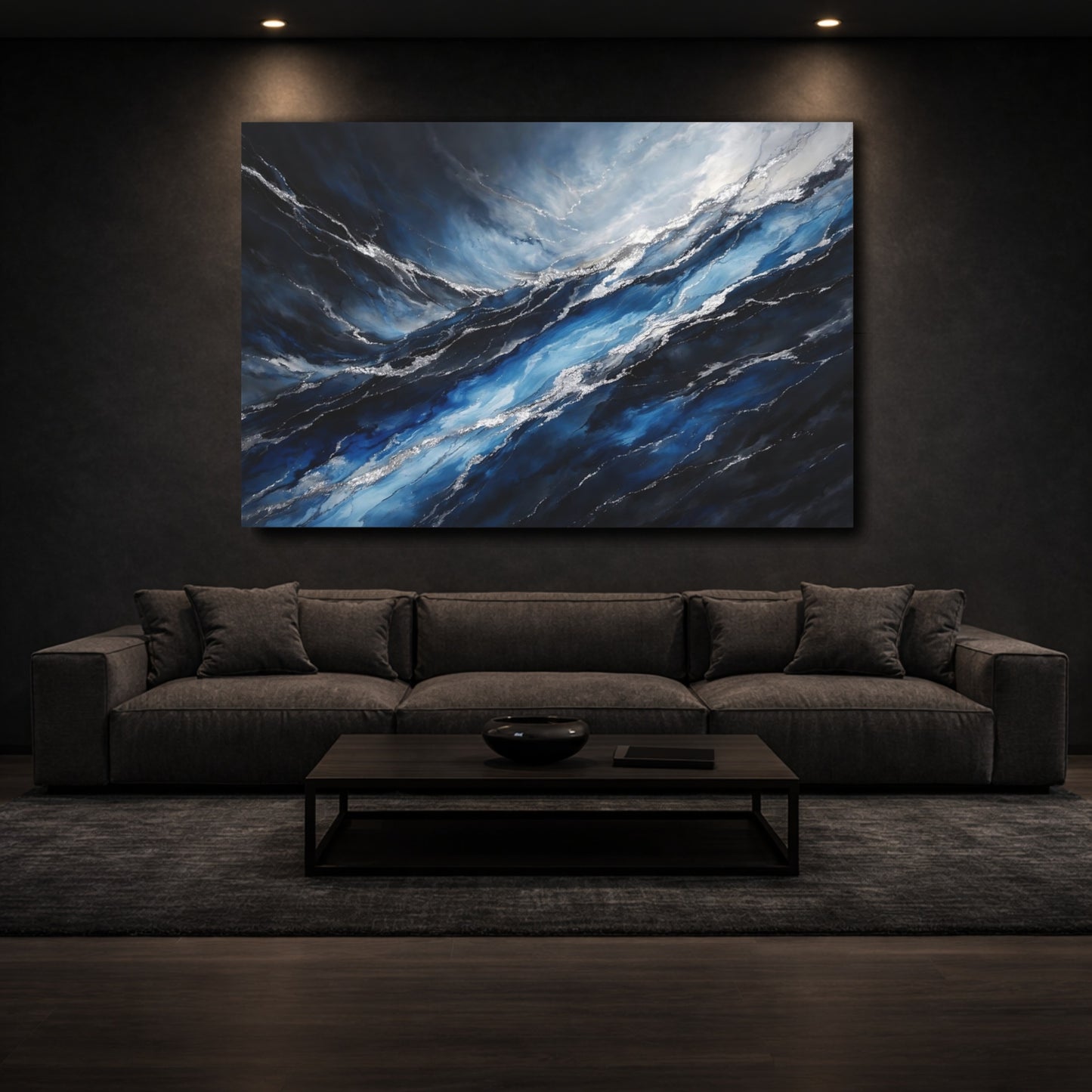 Mockup 2. Nature Ocean Waves Blue Silver Waves shown as stretched canvas wall art