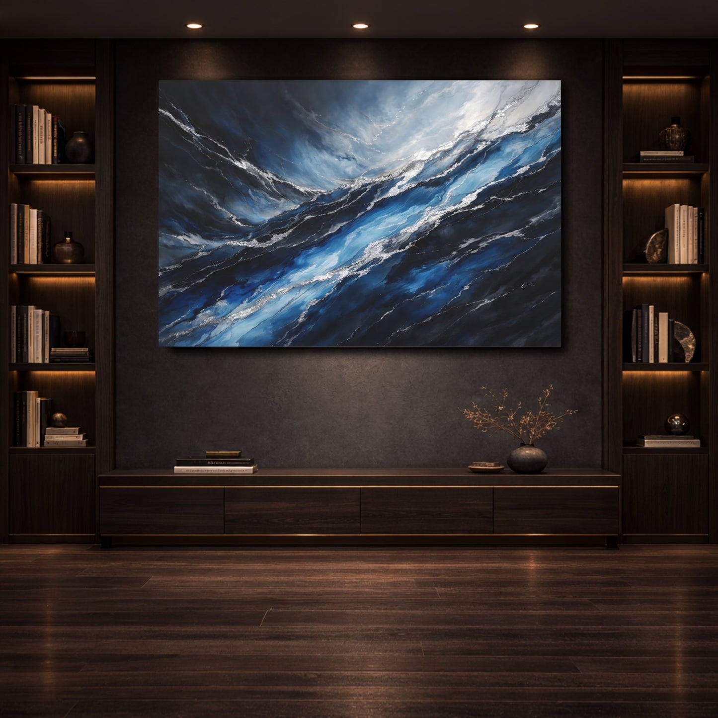 Mockup 3. Nature Ocean Waves Blue Silver Waves shown as stretched canvas wall art