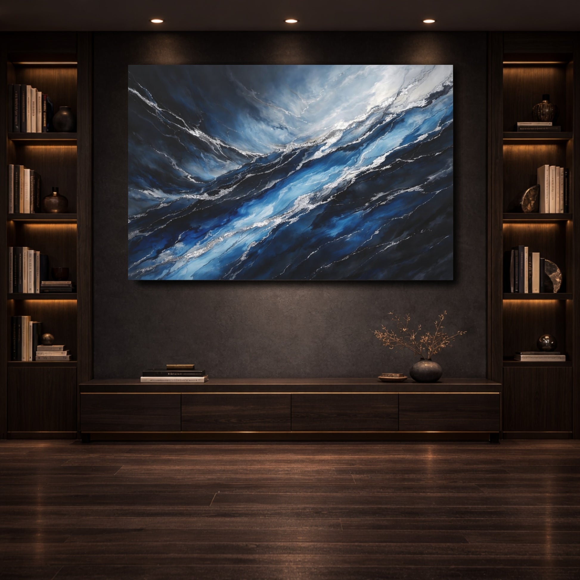 Mockup 3. Nature Ocean Waves Blue Silver Waves shown as stretched canvas wall art