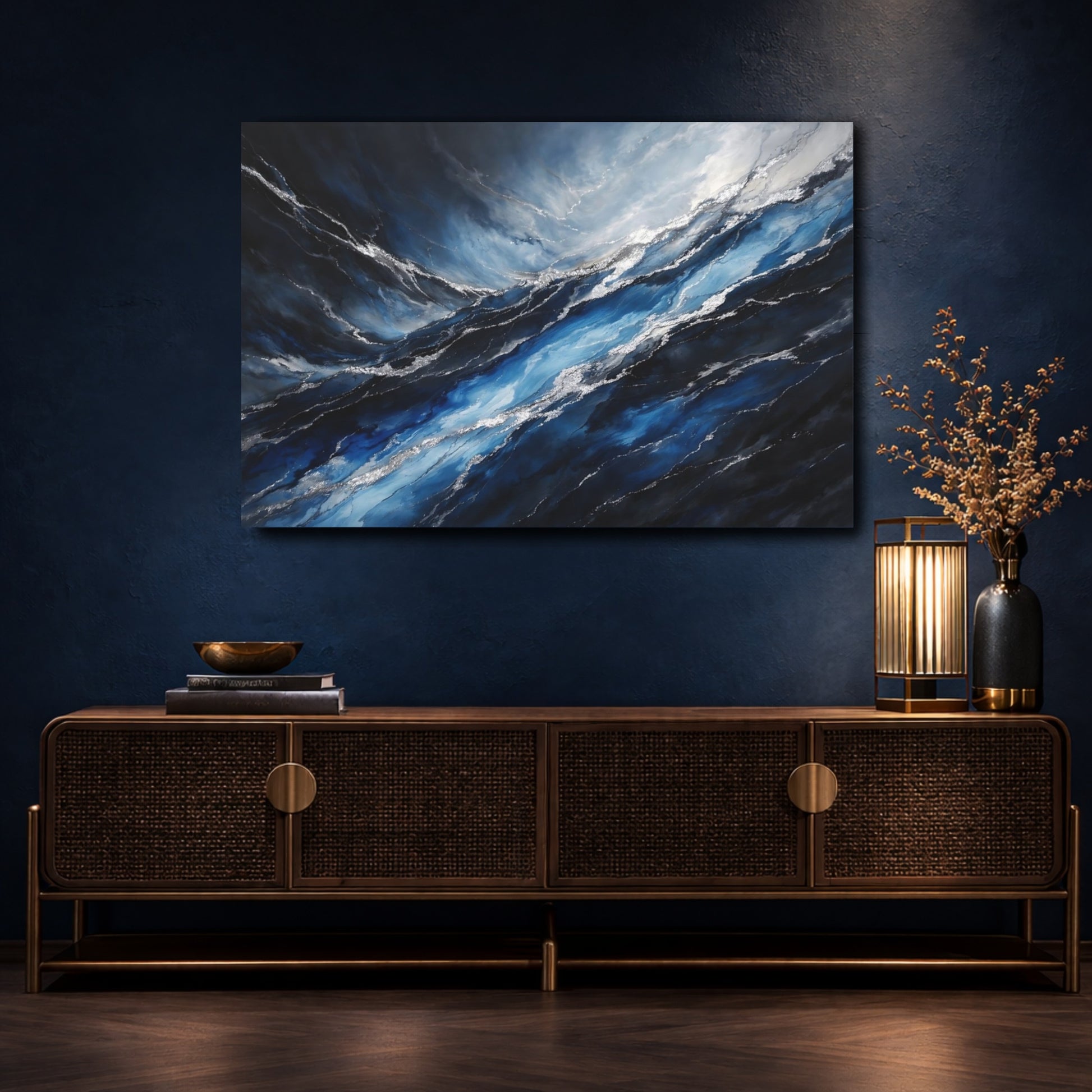 Mockup 4. Nature Ocean Waves Blue Silver Waves shown as stretched canvas wall art