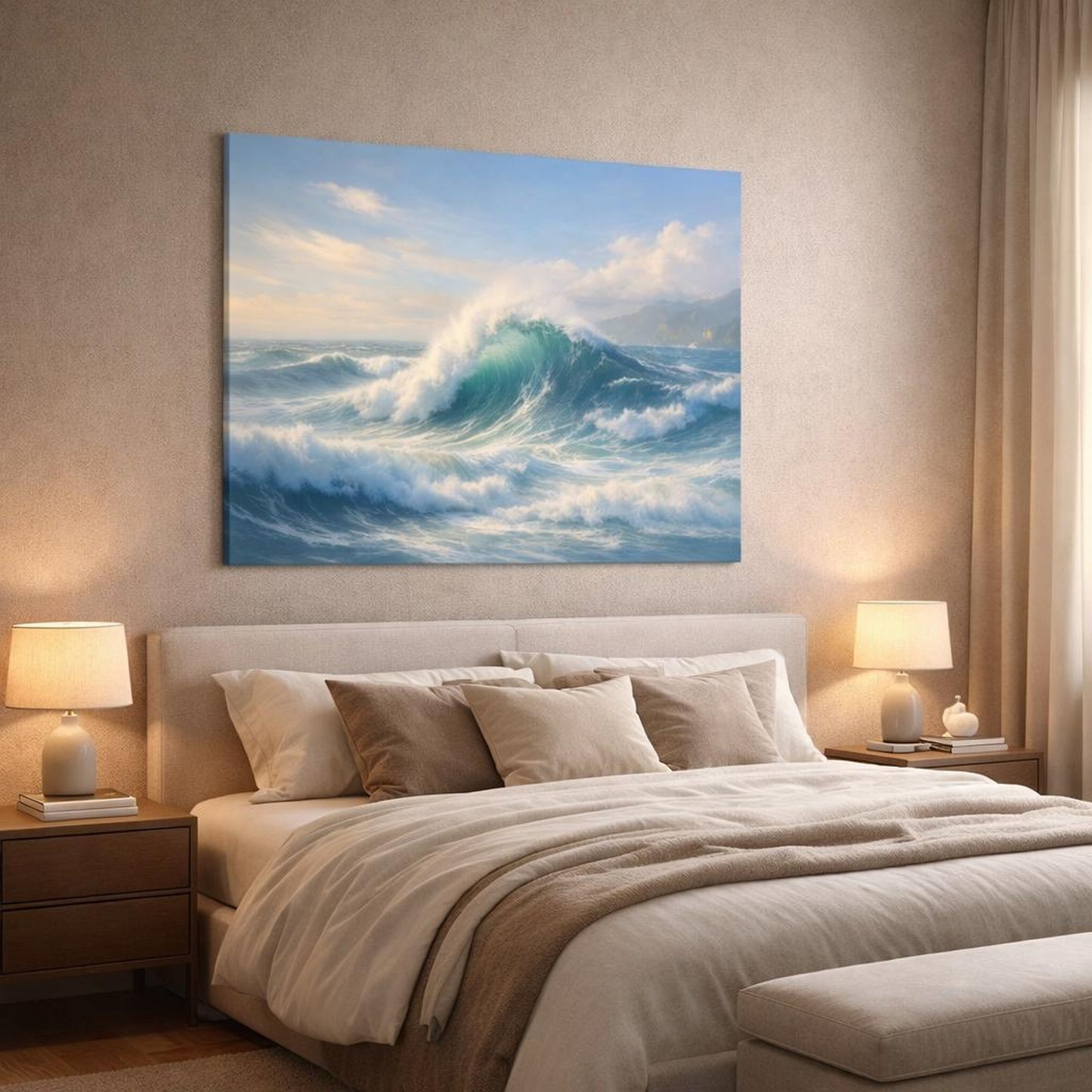 Nature Ocean Waves shown as canvas wall art in a luxury bedroom