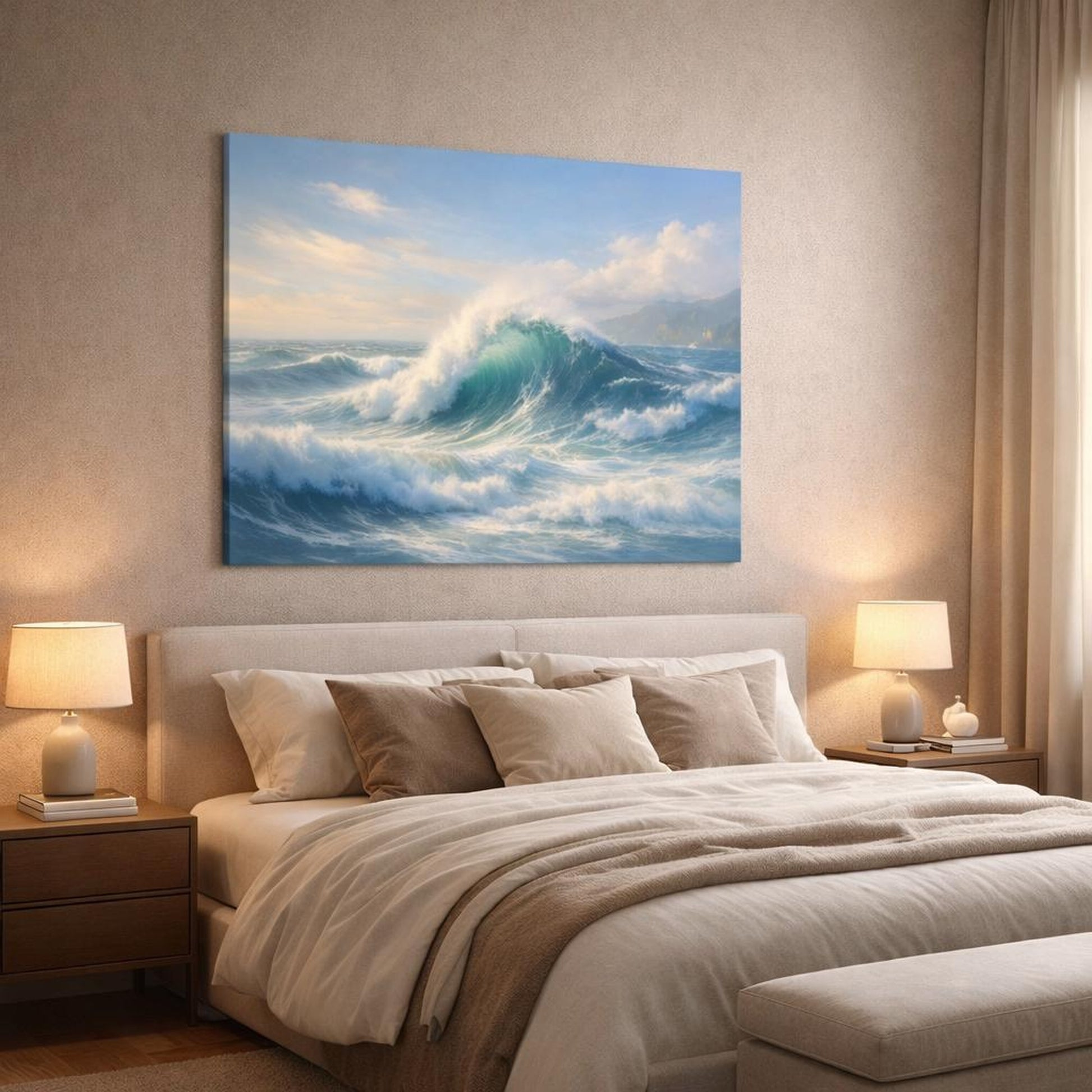 Nature Ocean Waves shown as canvas wall art in a luxury bedroom