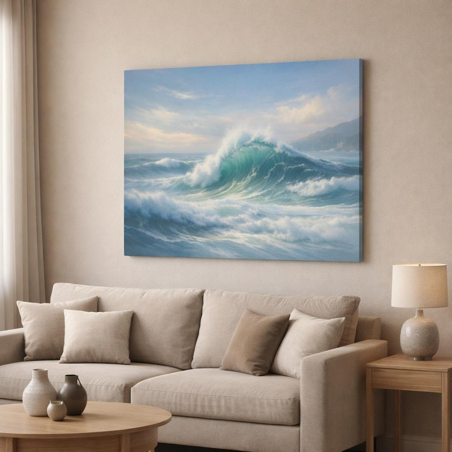 Nature Ocean Waves shown as canvas wall art in a modern living room