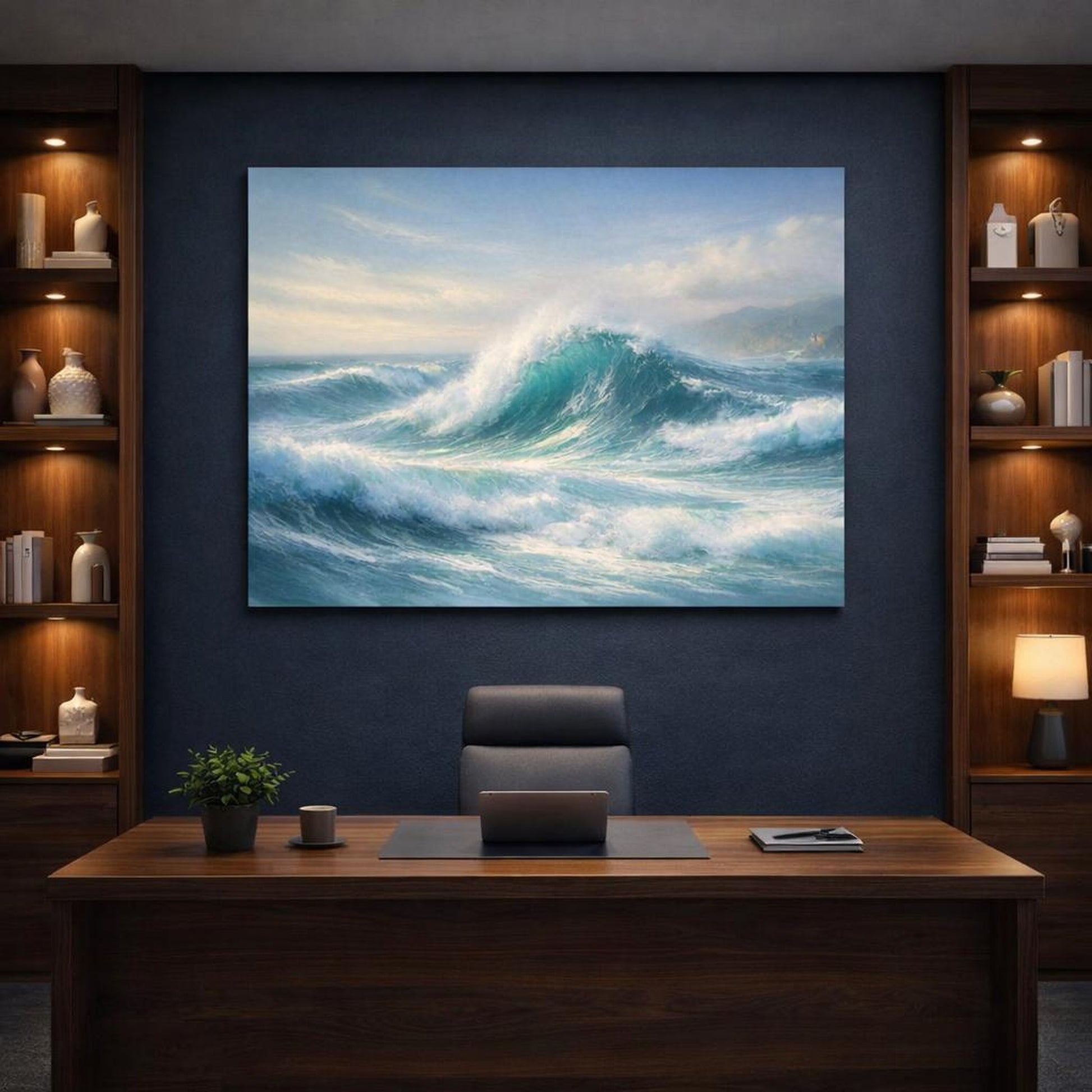 Nature Ocean Waves shown as canvas wall art in a refined dining room