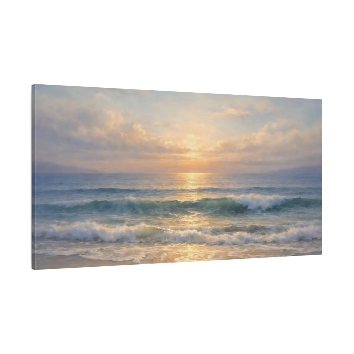Main Mockup. Nature Ocean Waves Coastal Sunset shown as stretched canvas wall art