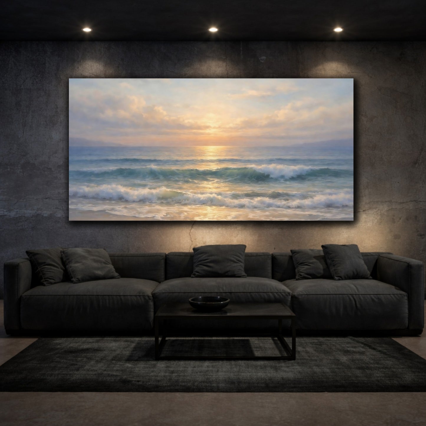 Mockup 2. Nature Ocean Waves Coastal Sunset shown as stretched canvas wall art