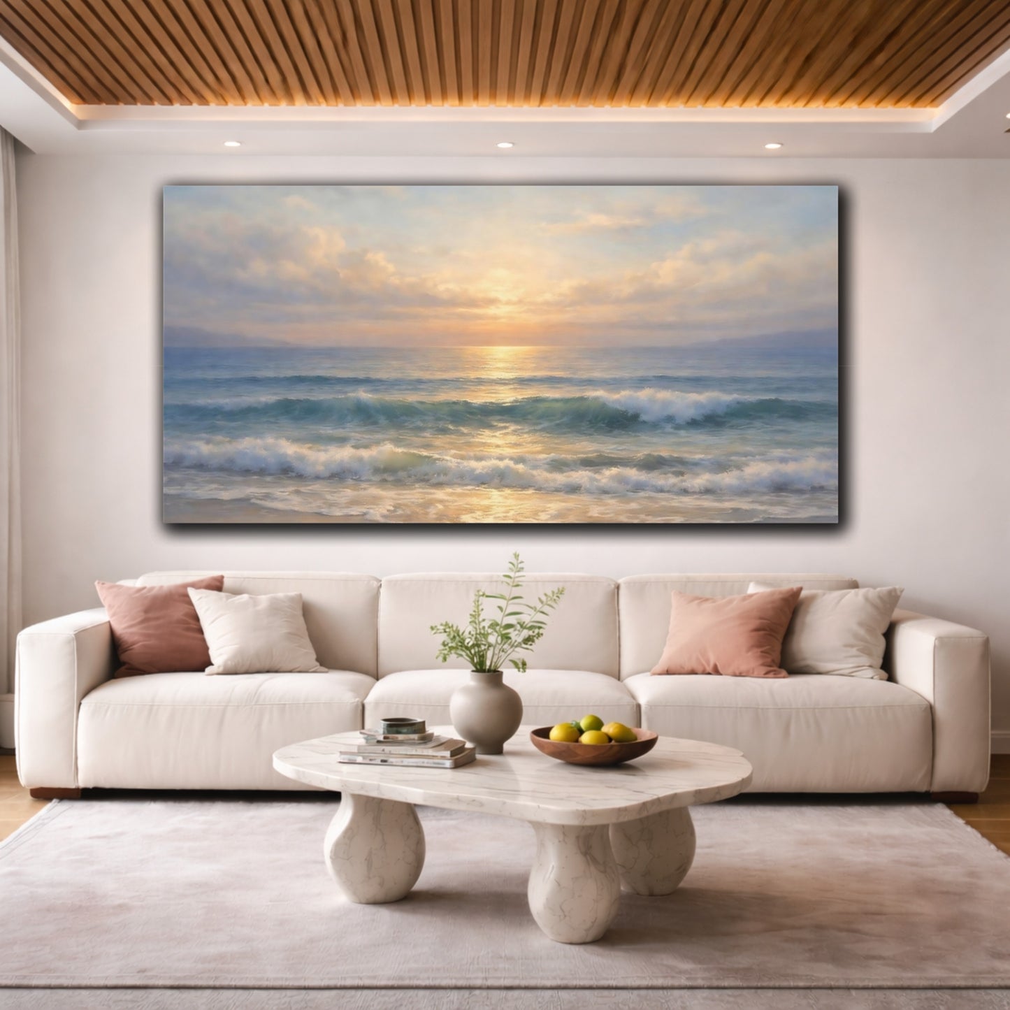 Mockup 3. Nature Ocean Waves Coastal Sunset shown as stretched canvas wall art