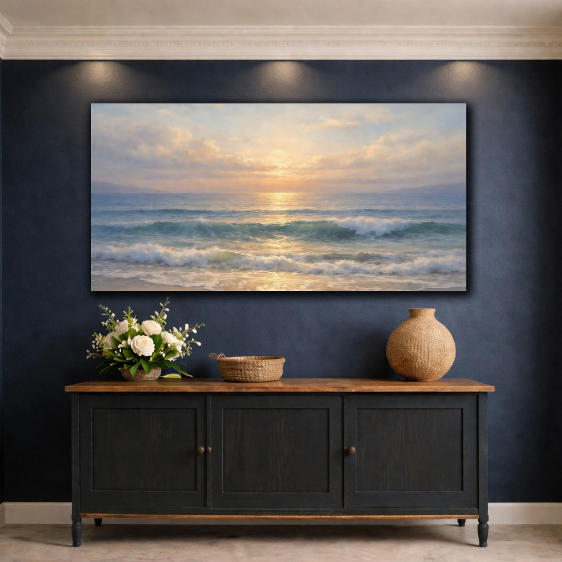 Mockup 4. Nature Ocean Waves Coastal Sunset shown as stretched canvas wall art