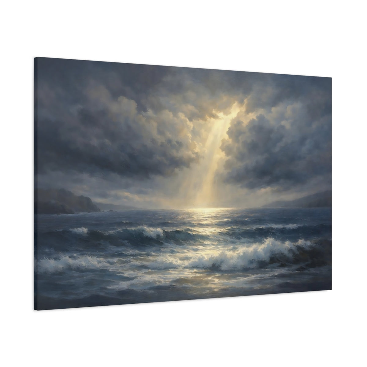 Main Mockup. Nature Ocean Waves Dark Blue And Gold shown as stretched canvas wall art