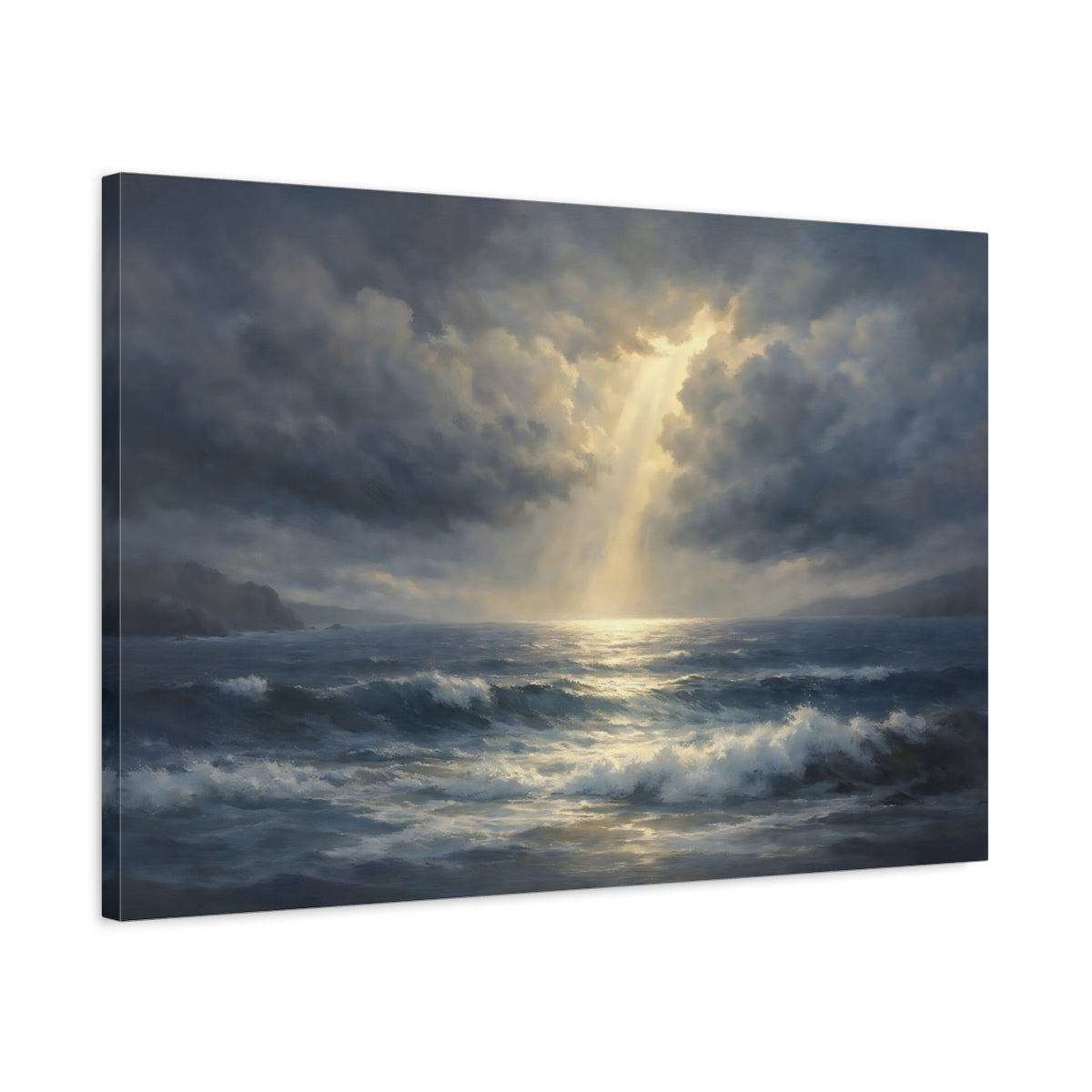 Side Mockup 2. Nature Ocean Waves Dark Blue And Gold shown as stretched canvas wall art