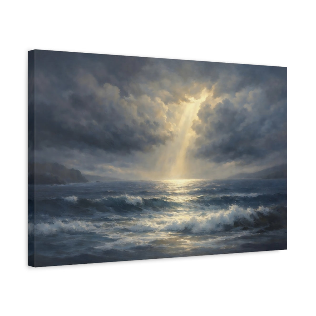 Side Mockup 3. Nature Ocean Waves Dark Blue And Gold shown as stretched canvas wall art