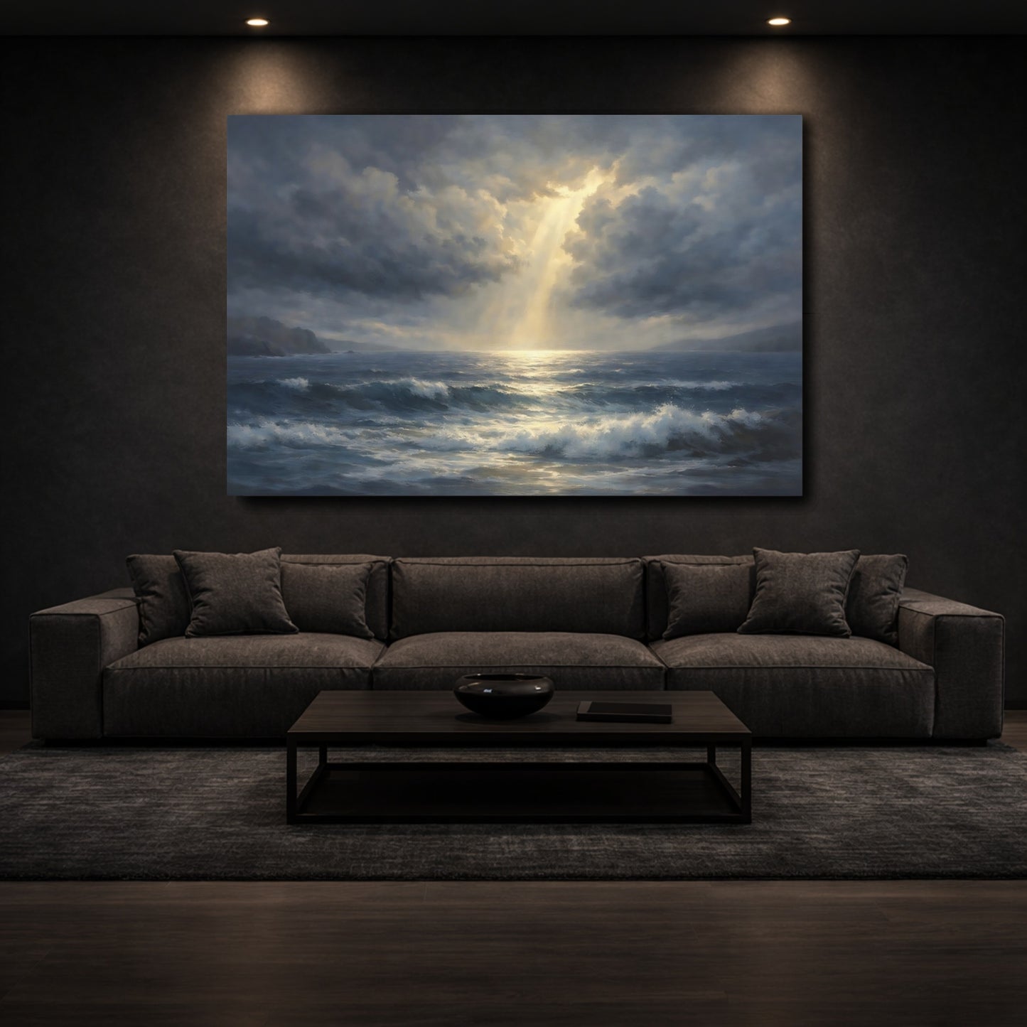 Mockup 2. Nature Ocean Waves Dark Blue And Gold shown as stretched canvas wall art