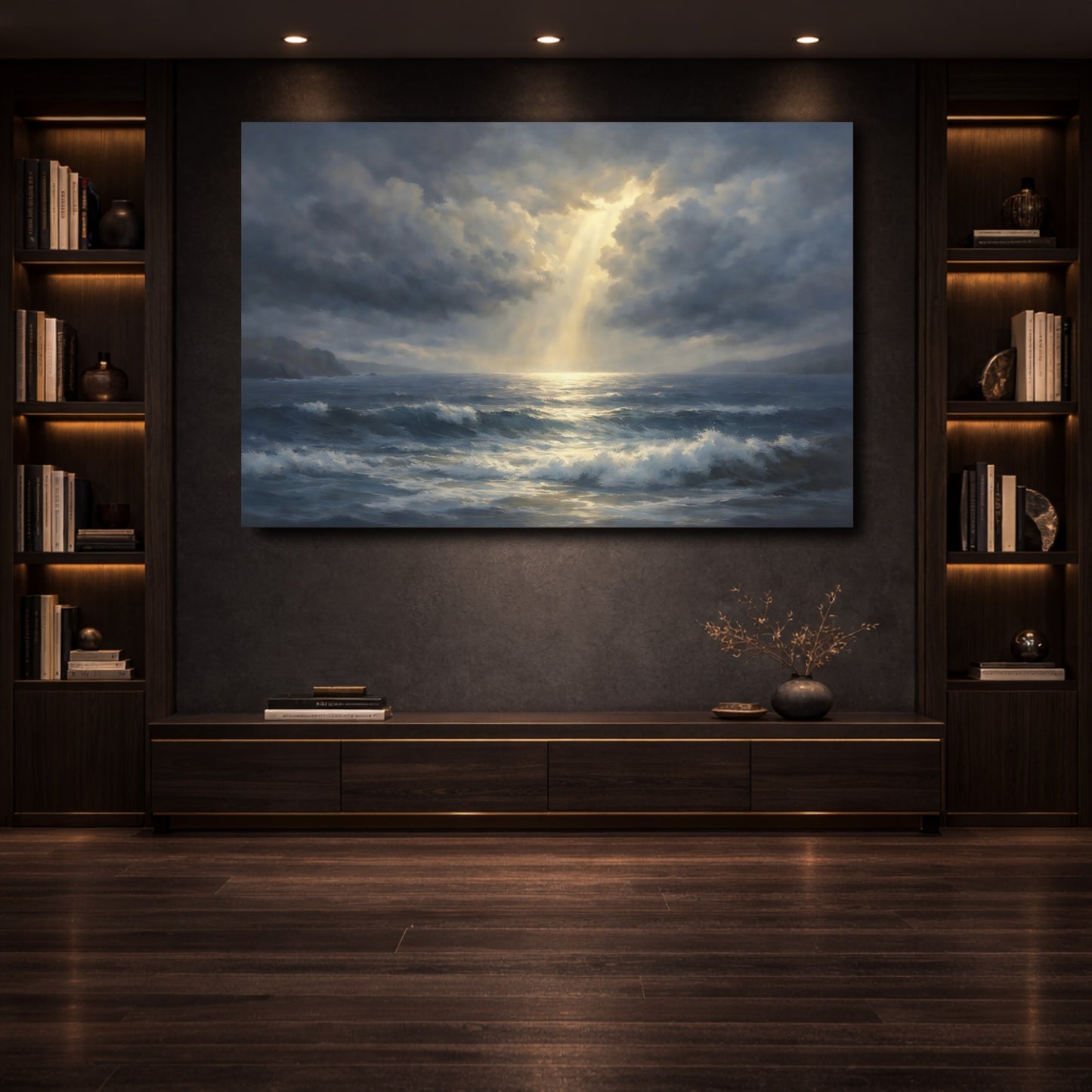 Mockup 3. Nature Ocean Waves Dark Blue And Gold shown as stretched canvas wall art