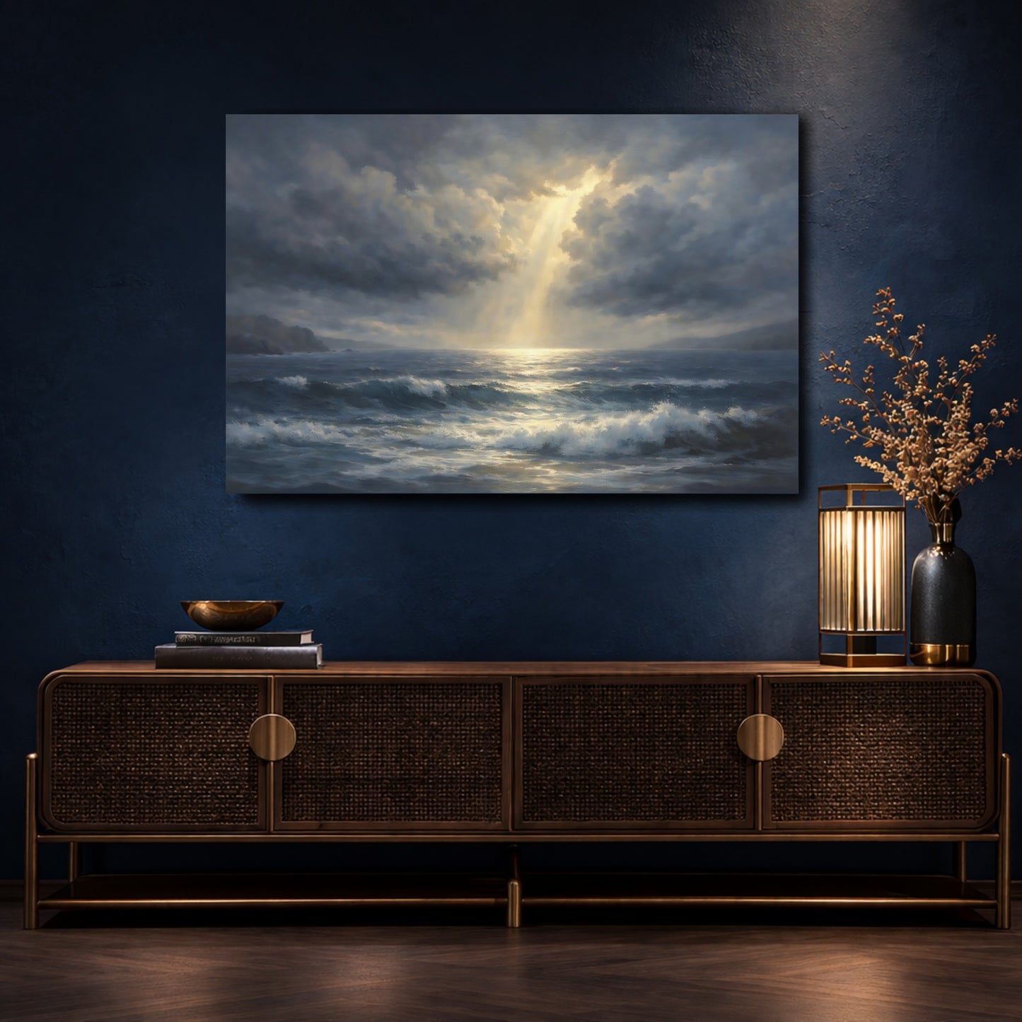 Mockup 4. Nature Ocean Waves Dark Blue And Gold shown as stretched canvas wall art