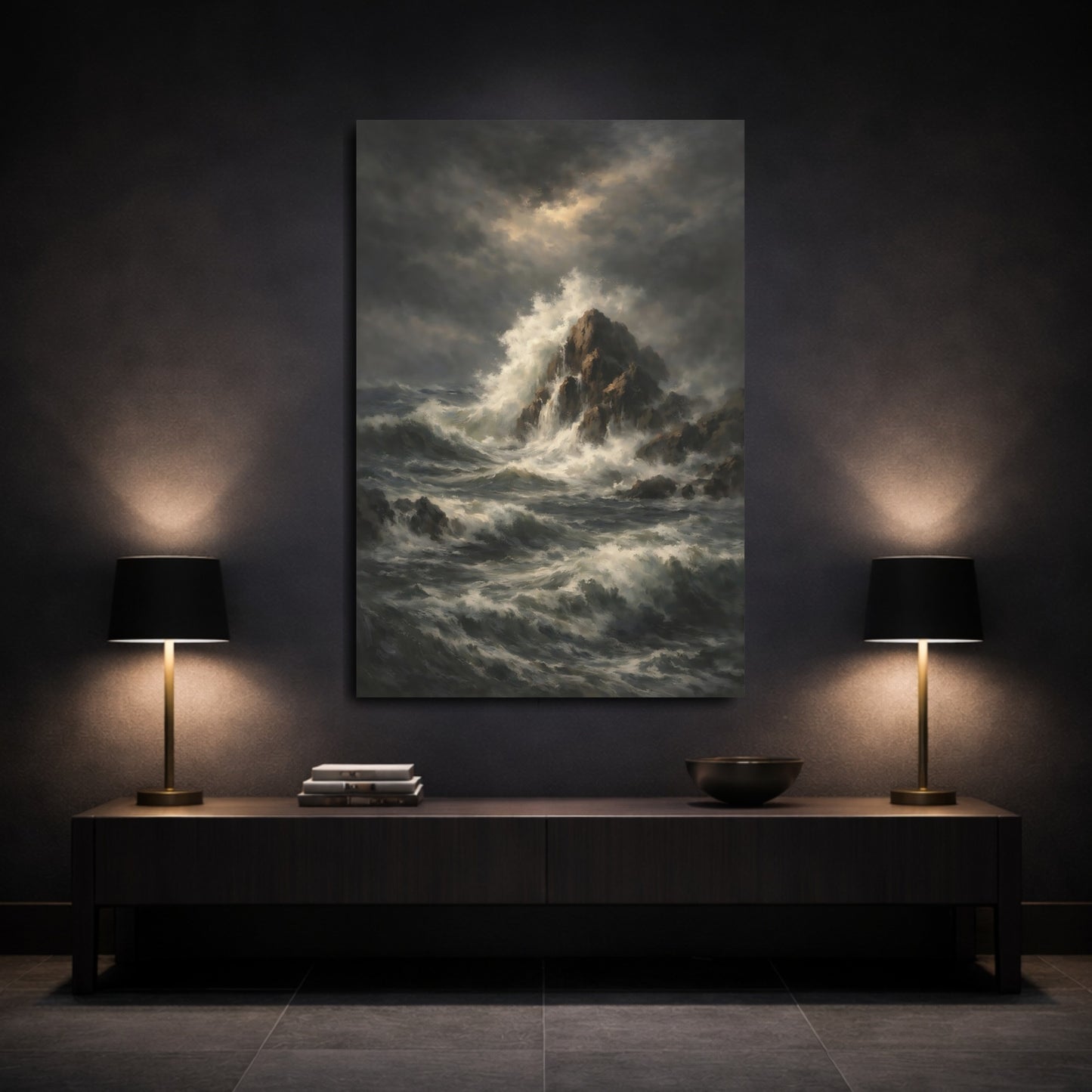 Mockup 2. Nature Ocean Waves Dark Ocean Art shown as stretched canvas wall art