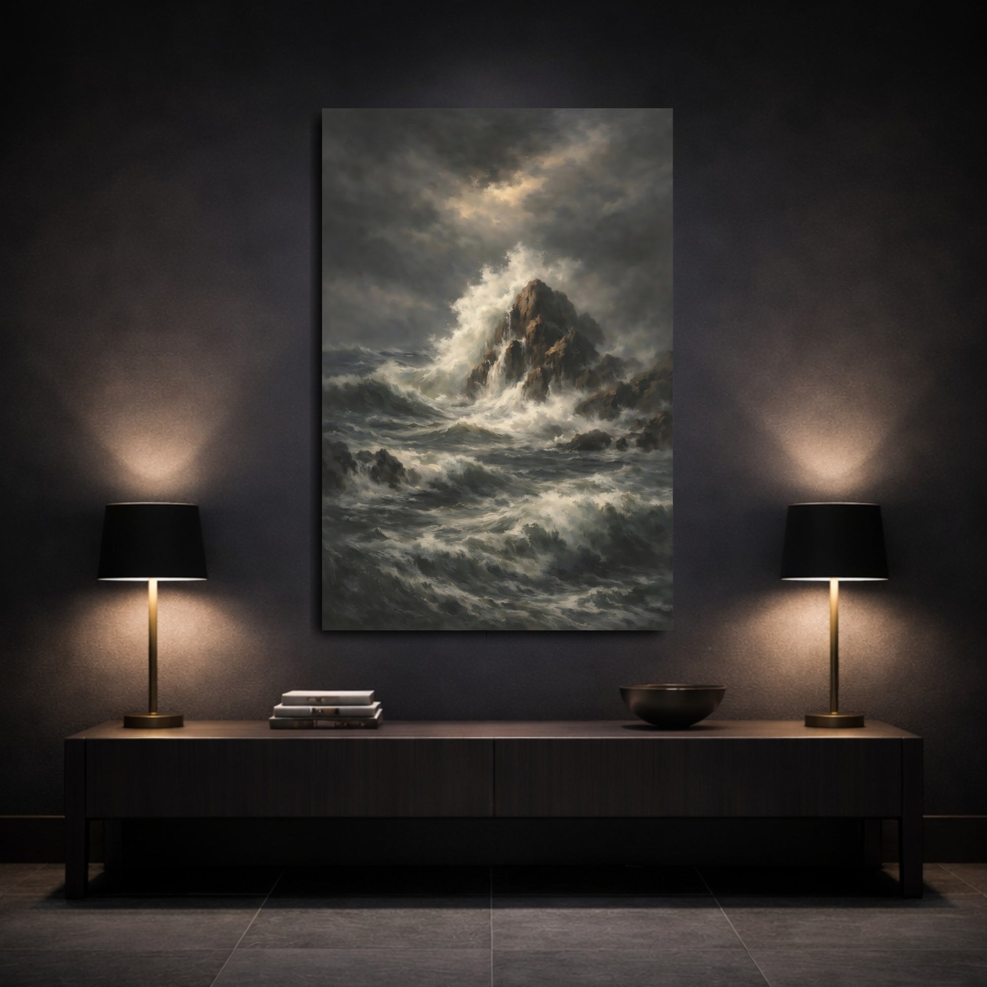 Mockup 2. Nature Ocean Waves Dark Ocean Art shown as stretched canvas wall art