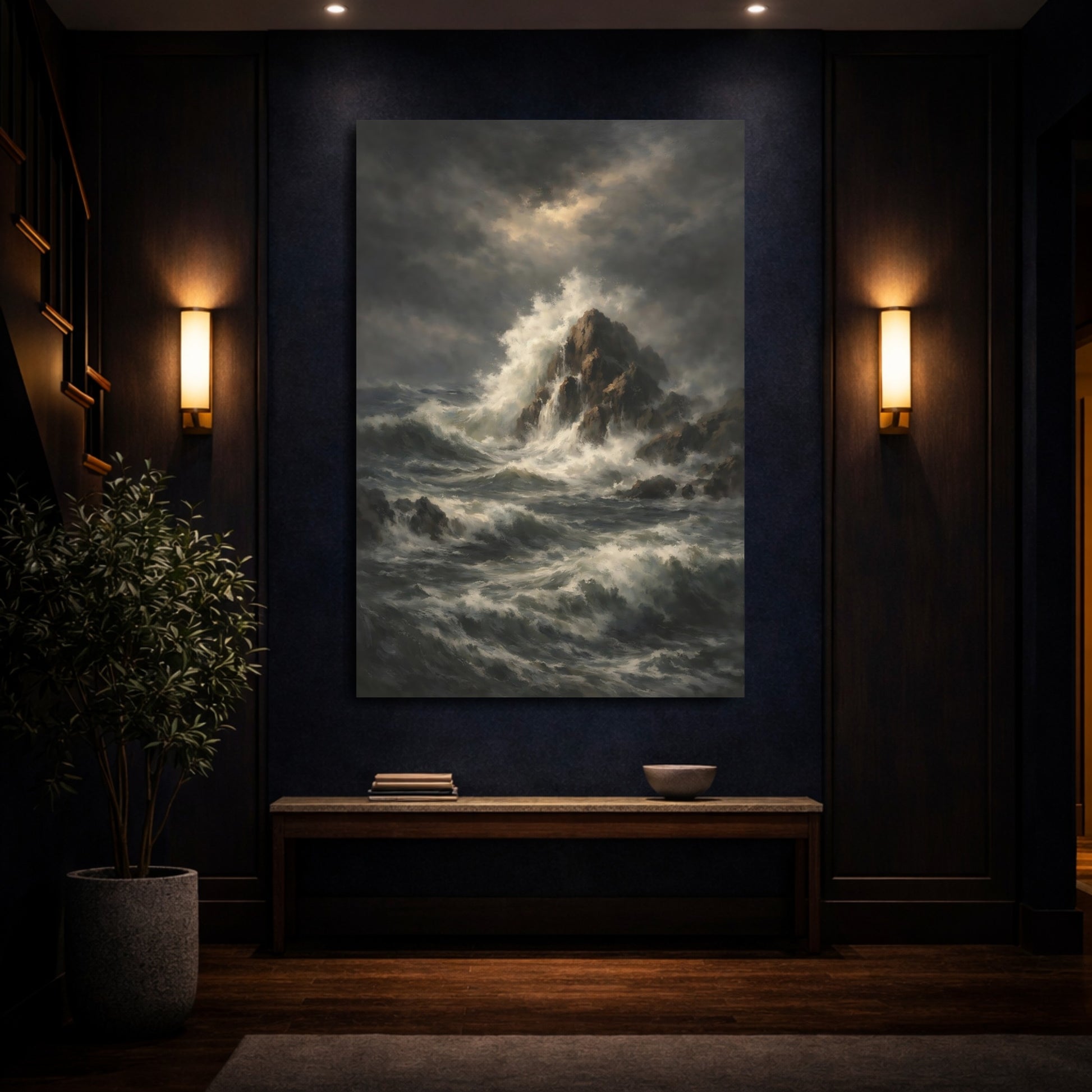 Mockup 3. Nature Ocean Waves Dark Ocean Art shown as stretched canvas wall art