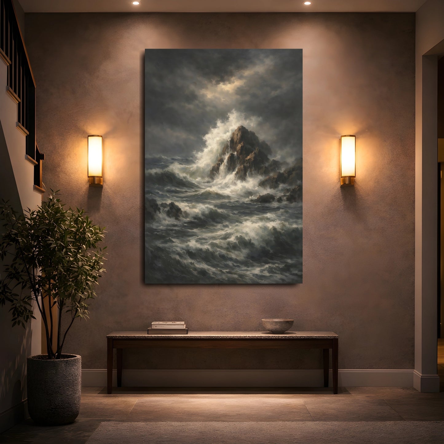 Mockup 4. Nature Ocean Waves Dark Ocean Art shown as stretched canvas wall art