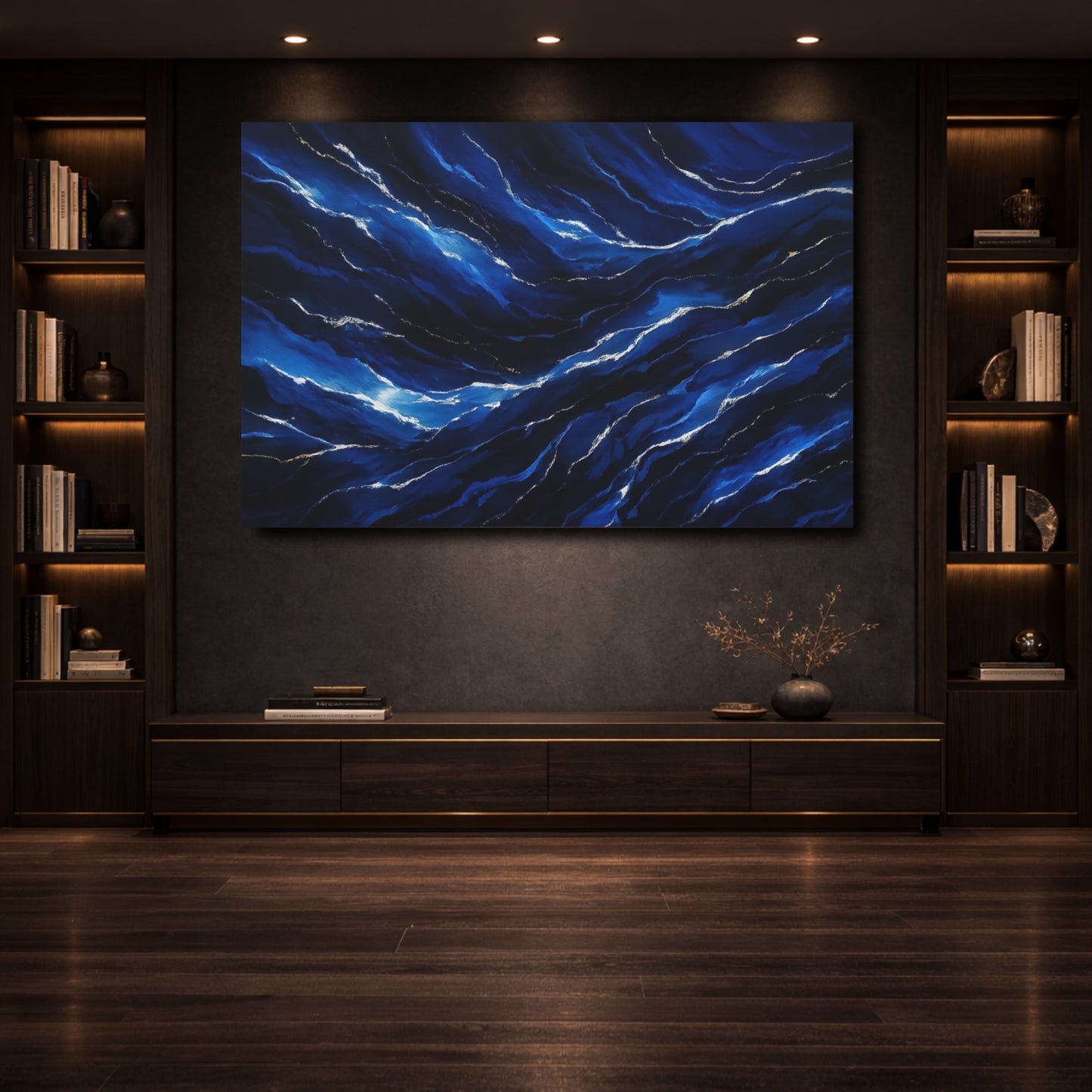 Mockup 3. Nature Ocean Waves Deep Blue Waves shown as stretched canvas wall art