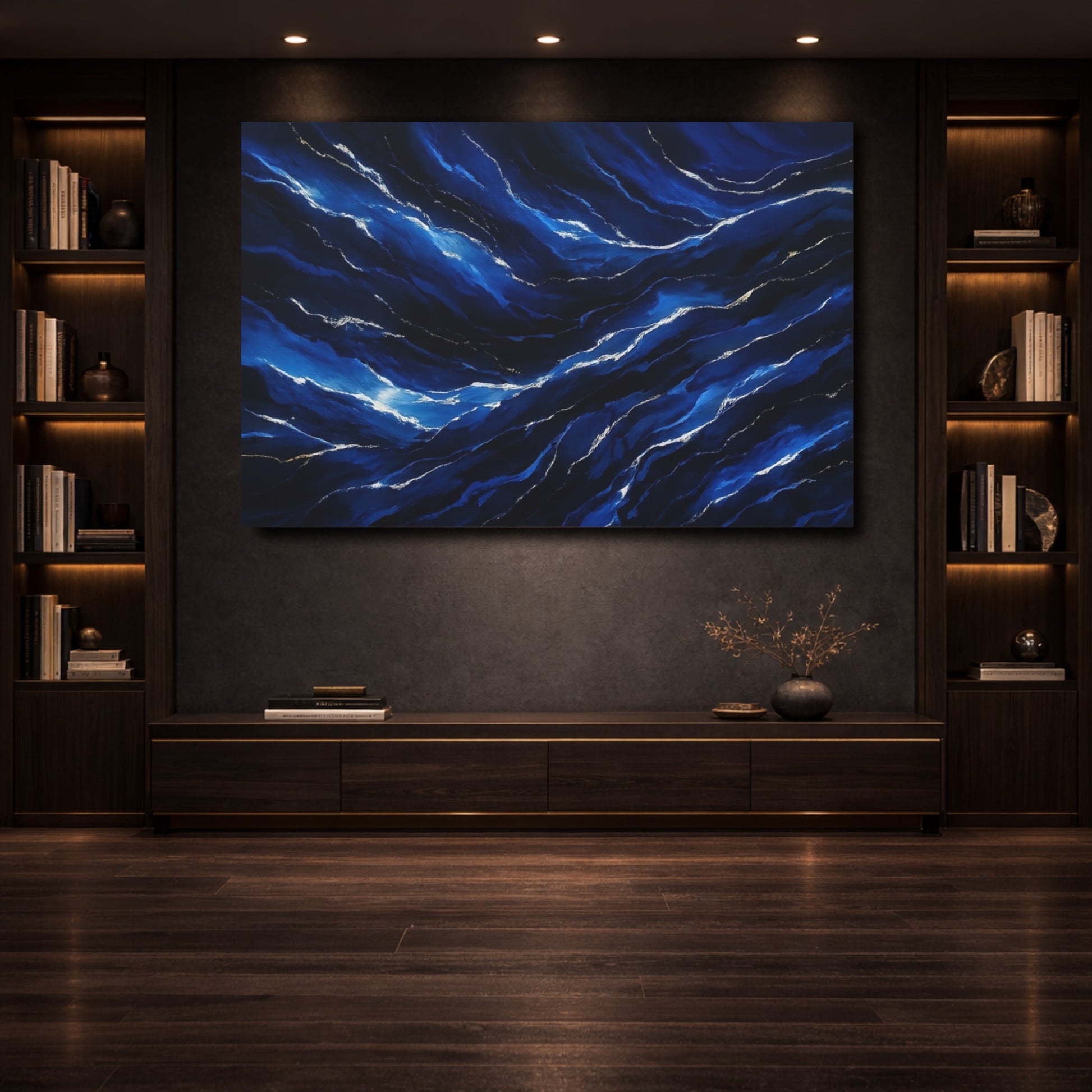 Mockup 3. Nature Ocean Waves Deep Blue Waves shown as stretched canvas wall art