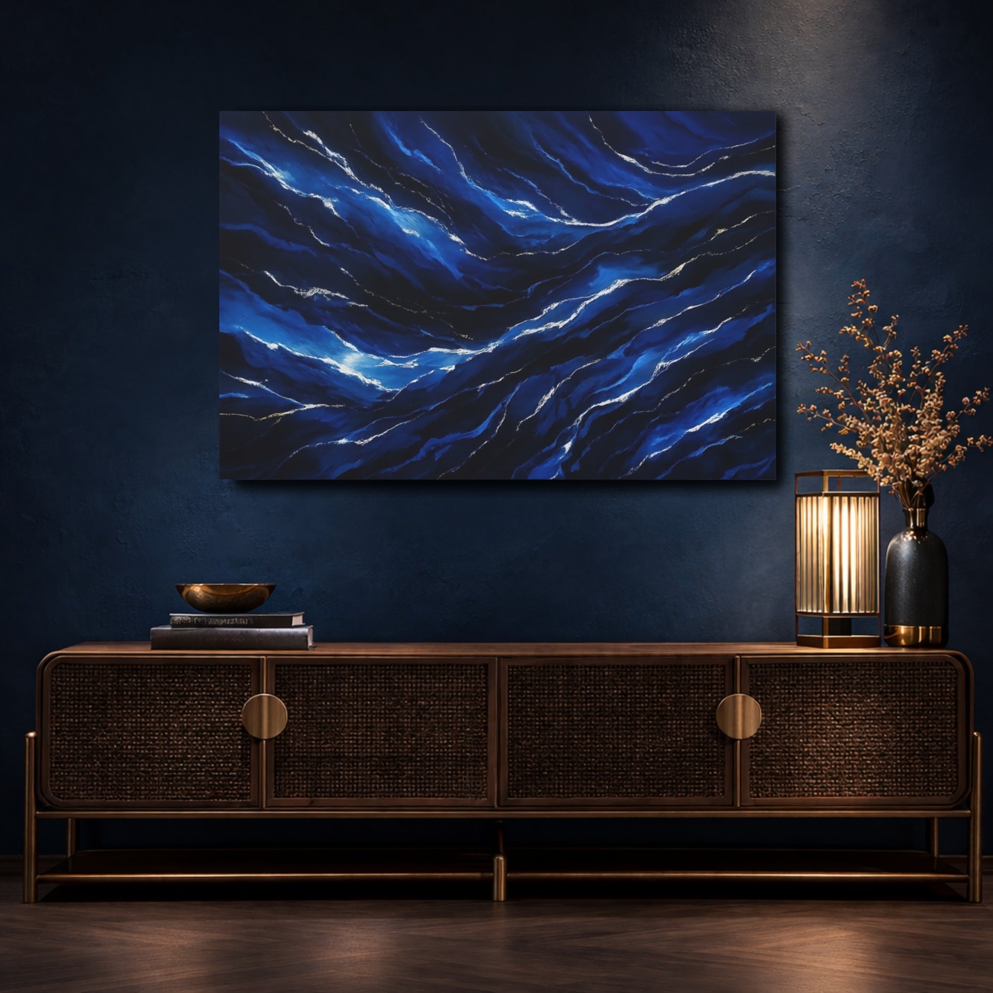 Mockup 4. Nature Ocean Waves Deep Blue Waves shown as stretched canvas wall art