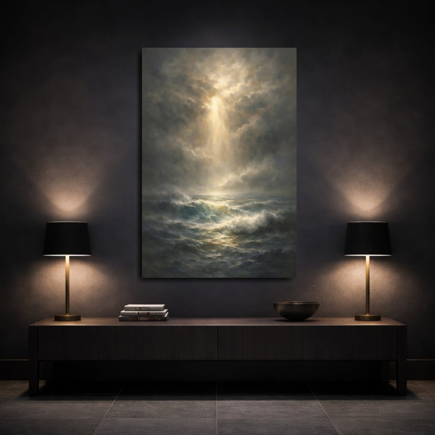 Mockup 2. Nature Ocean Waves Dramatic Ocean Art shown as stretched canvas wall art