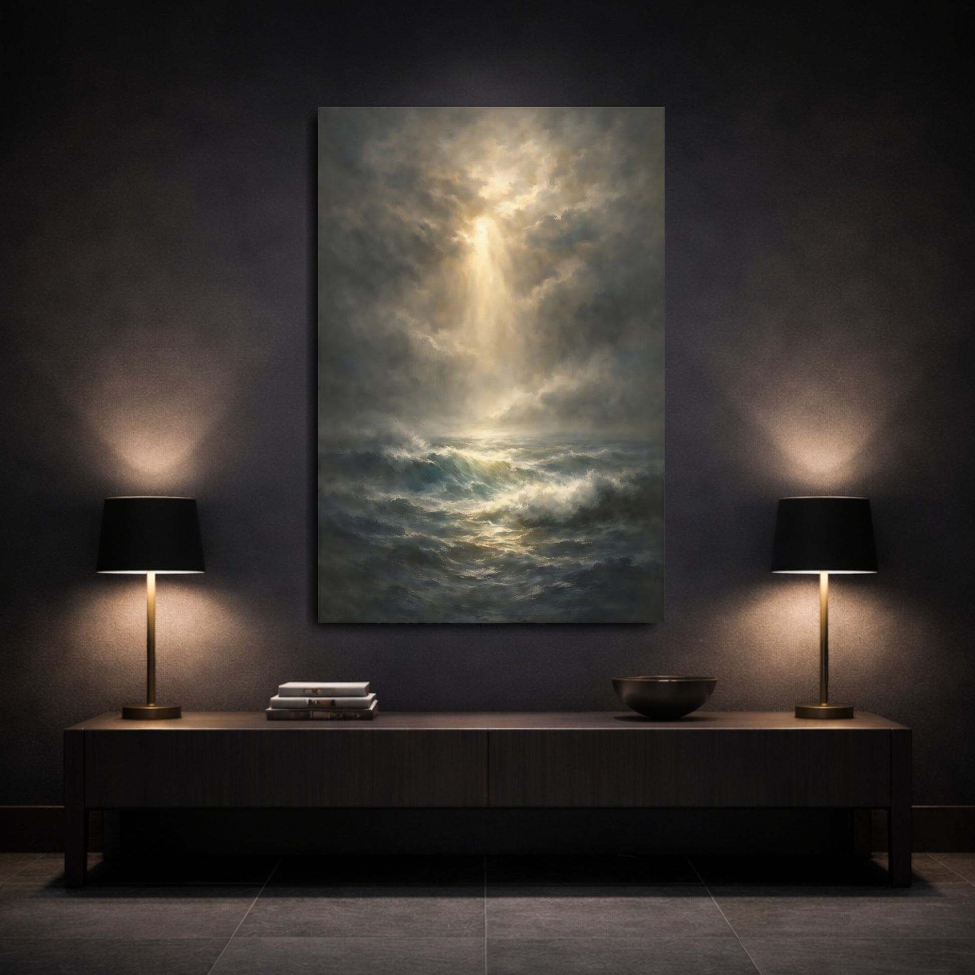 Mockup 2. Nature Ocean Waves Dramatic Ocean Art shown as stretched canvas wall art
