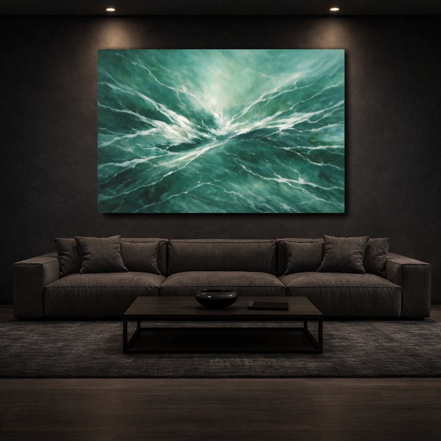 Mockup 2. Nature Ocean Waves Emerald Ocean shown as stretched canvas wall art