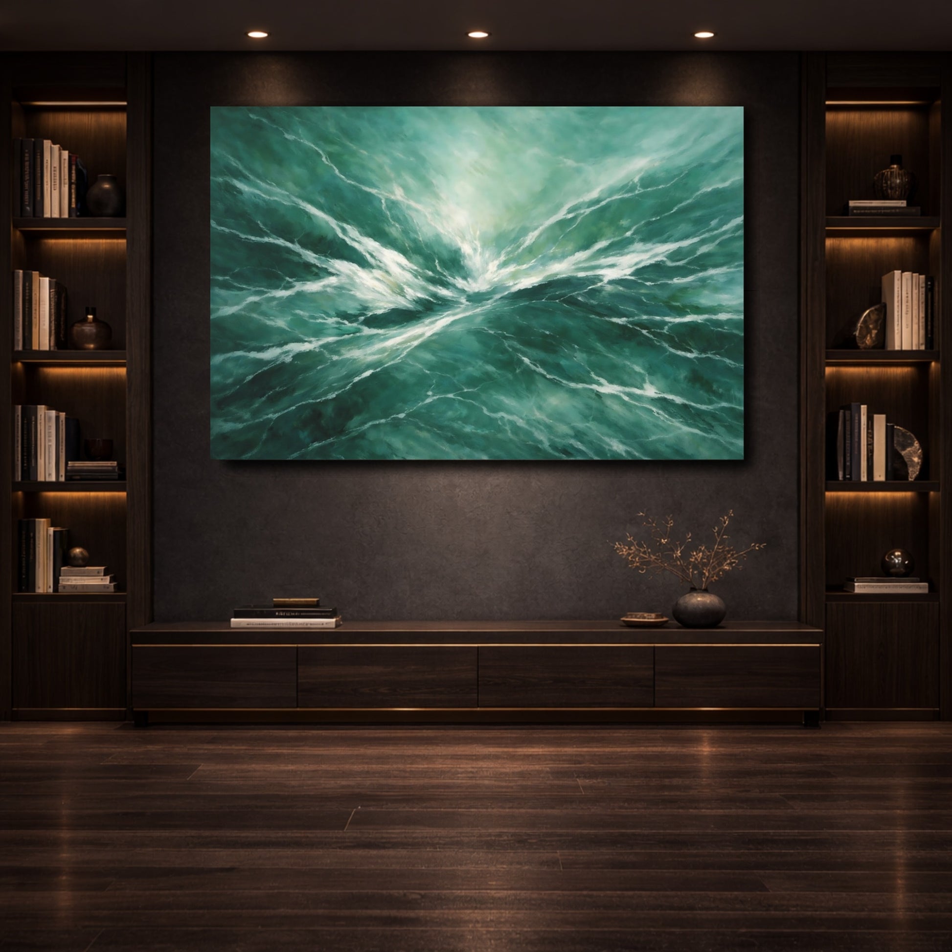 Mockup 3. Nature Ocean Waves Emerald Ocean shown as stretched canvas wall art