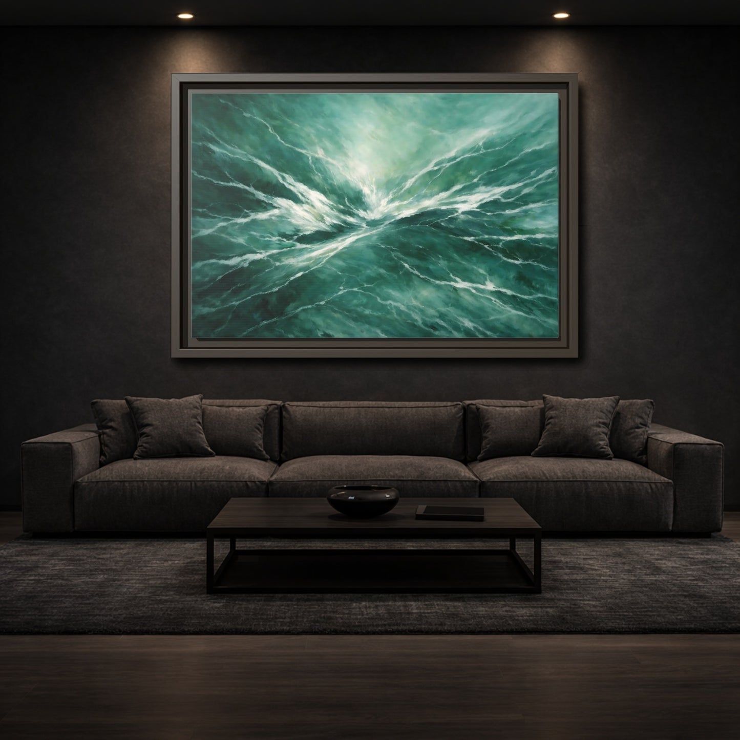 Mockup 2. Nature Ocean Waves Green Ocean Waves shown as stretched canvas wall art