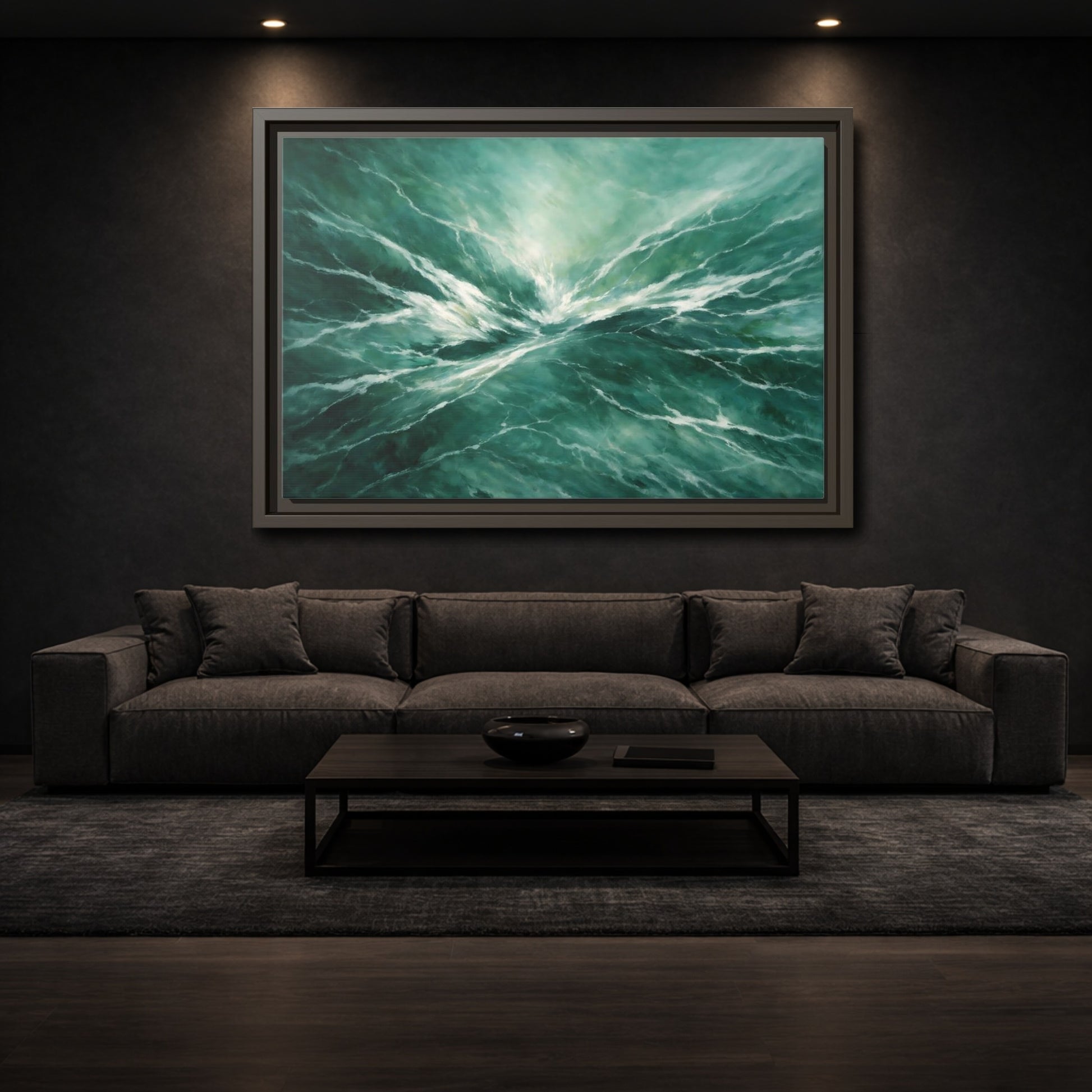 Mockup 2. Nature Ocean Waves Green Ocean Waves shown as stretched canvas wall art