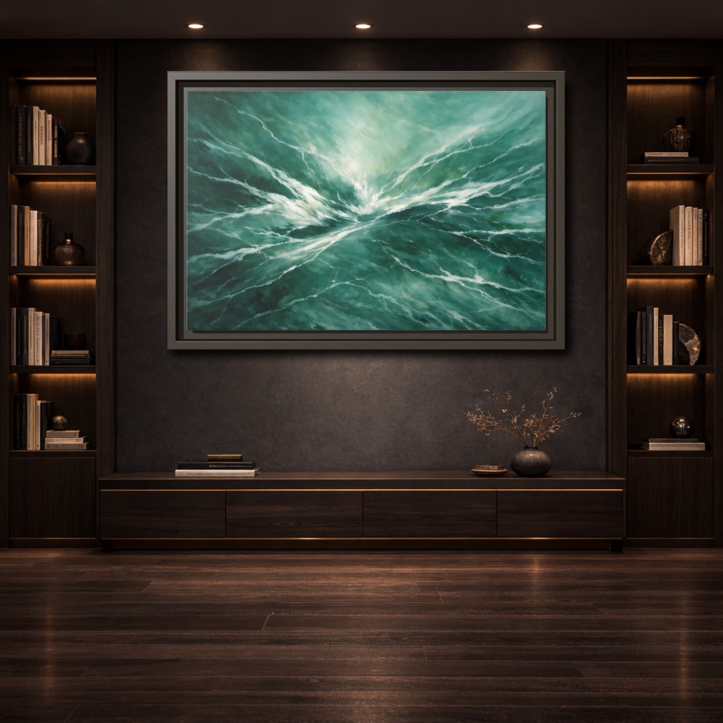 Mockup 3. Nature Ocean Waves Green Ocean Waves shown as stretched canvas wall art