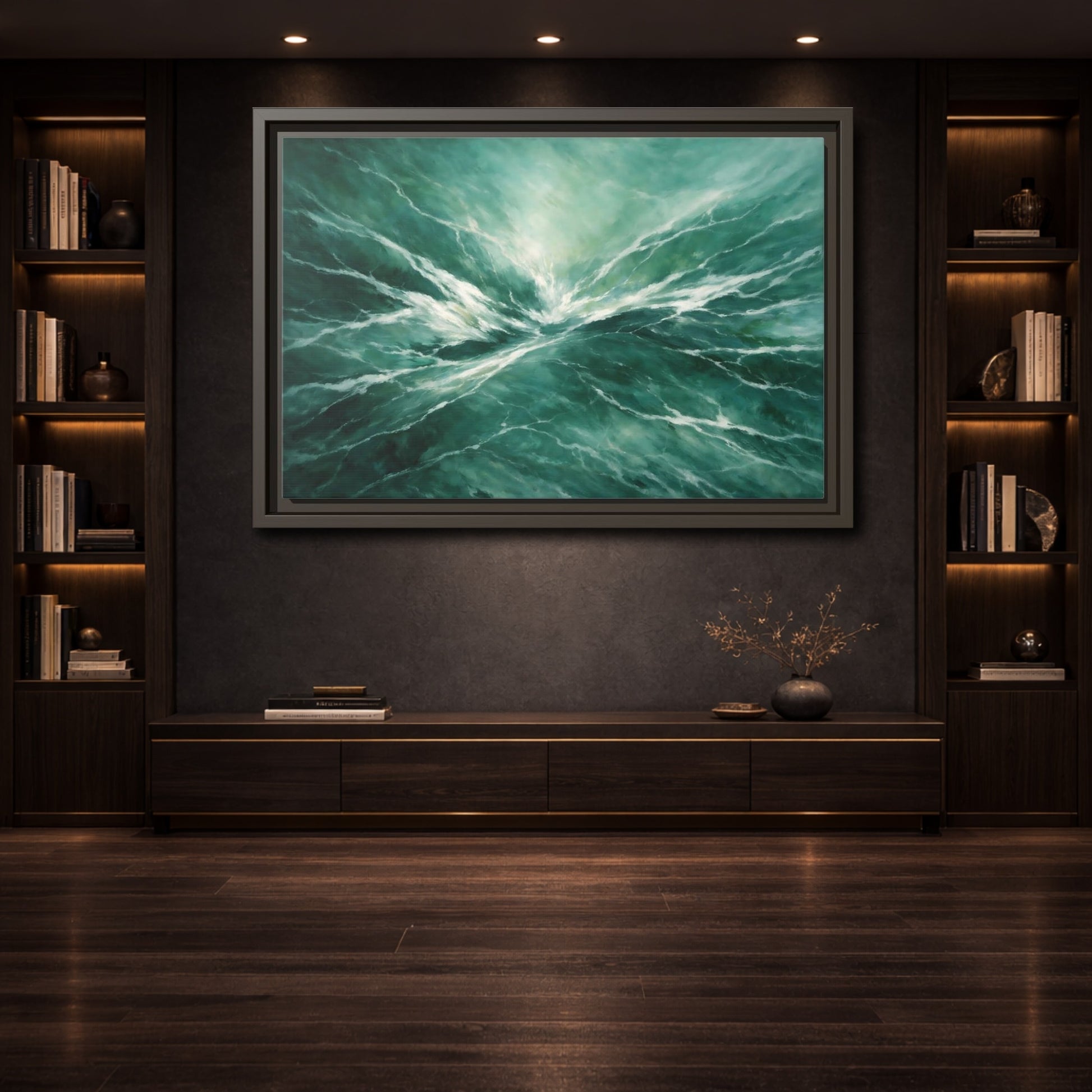 Mockup 3. Nature Ocean Waves Green Ocean Waves shown as stretched canvas wall art