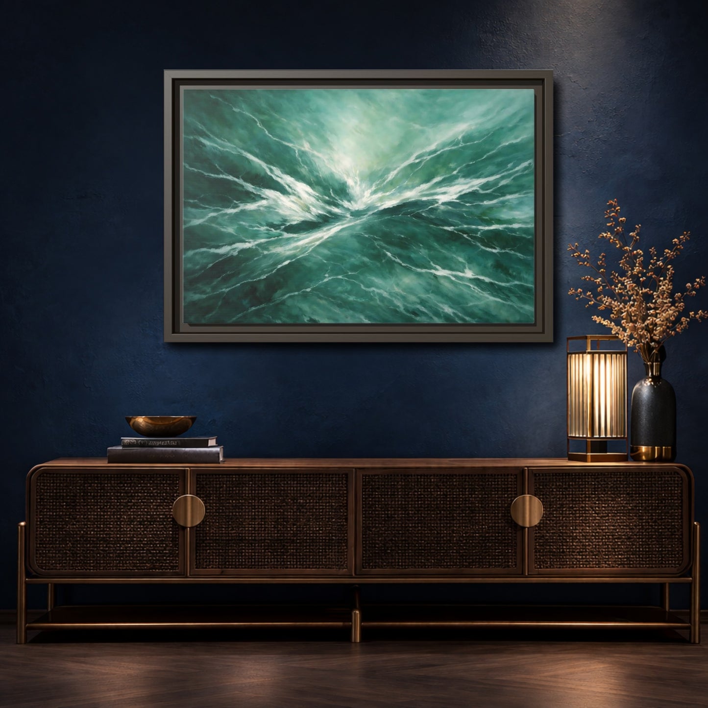 Mockup 4. Nature Ocean Waves Green Ocean Waves shown as stretched canvas wall art