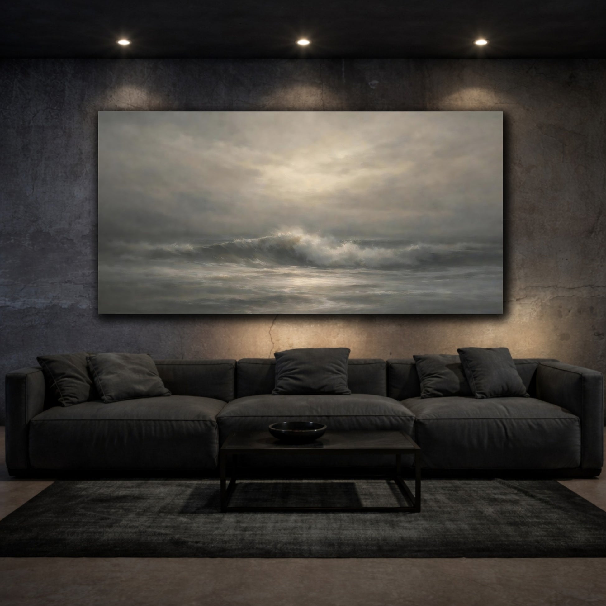 Mockup 2. Nature Ocean Waves Monochrome Ocean shown as stretched canvas wall art